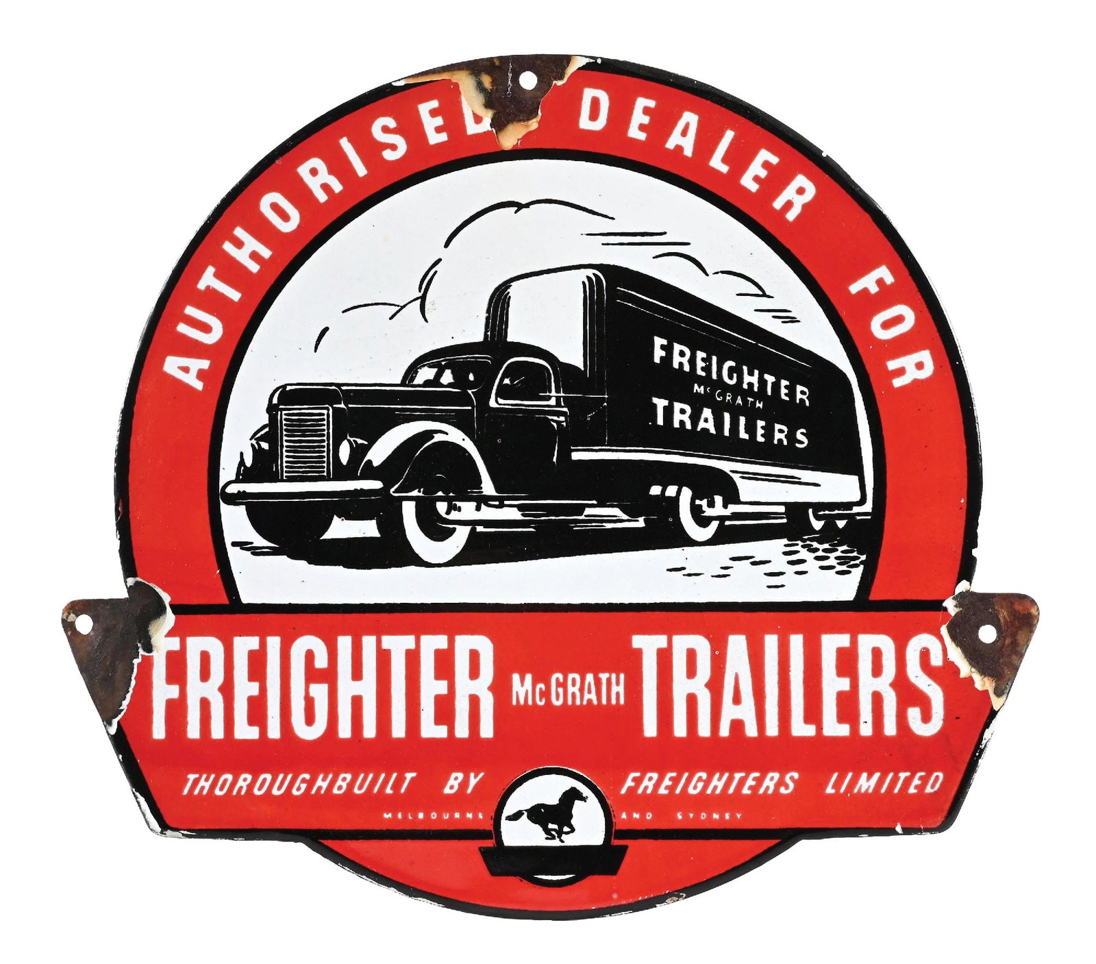 AUTHORIZED DEALER FOR FREIGHTER MCGRATH TRAILERS PORCELAIN SIGN: SSP. CONDITION: Bright color & gloss throughout, showing clean graphic. Heavier chipping at the mounting holes with light edge wear. Age unknown. Condition: (8.25). Dimensions: 12" x 10 - 3/4".