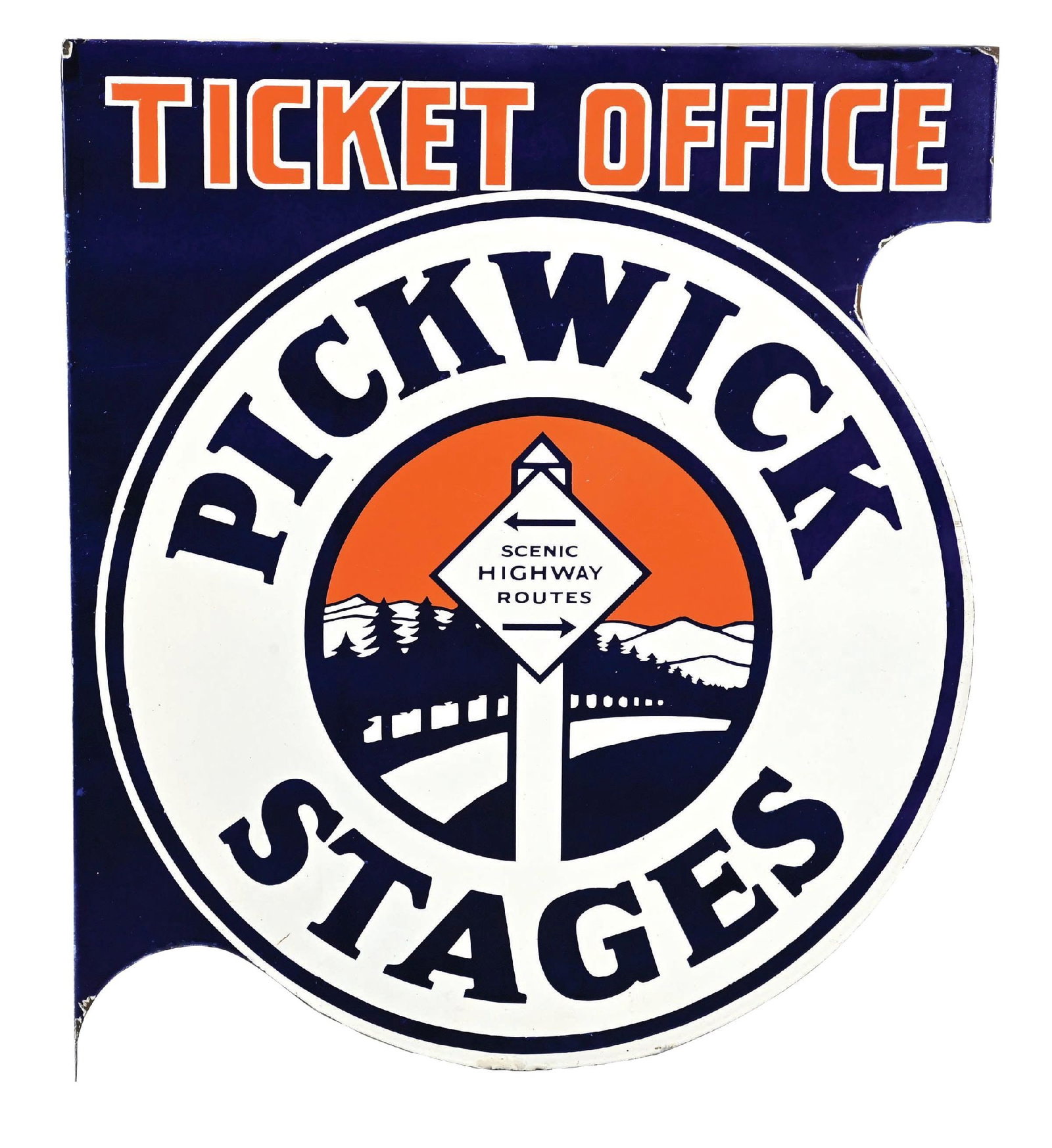 PICKWICK STAGES TICKET OFFICE PORCELAIN FLANGE SIGN: SSP. C. 1930s. CONDITION: Each side showing excellent color & gloss with no notable field wear other than a few fine surface scratches as well as some minor stain markings. Light factory flaw along th