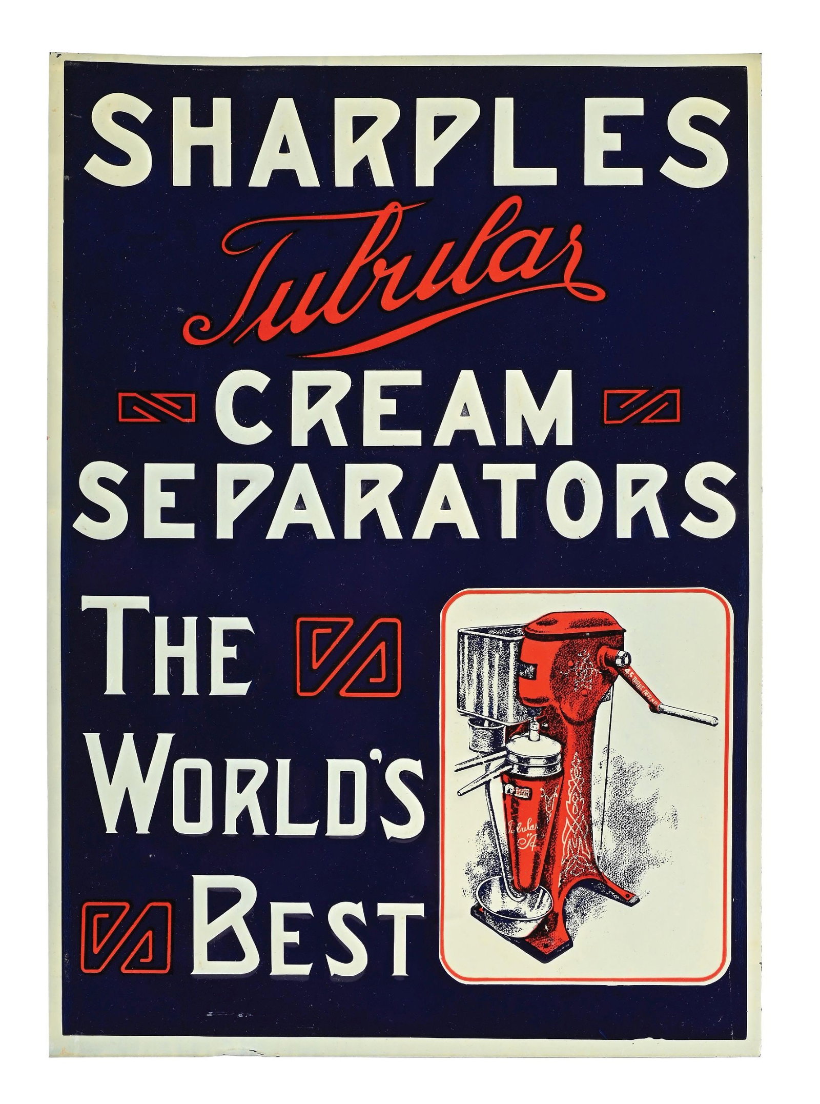 SHARPLES TUBULAR CREAM SEPARATORS THE WORLD'S BEST EMBOSSED TIN SIGN: SST. CONDITION: Brilliant throughout, appearing NOS, showing bright color & gloss with excellent condition graphic. Minimal rippling to the tin with minor wear along the far outer edges. A tough to im