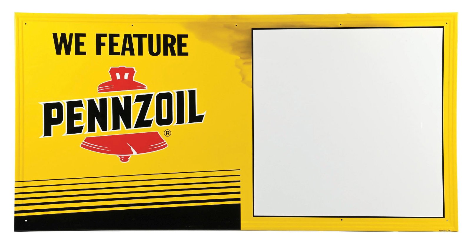 PENNZOIL N.O.S TIN SIGN W/ SELF-FRAMED OUTER EDGE: SST. Marked Couch & Phillipi, Los Angeles. CONDITION: Sign was found NOS, showing outstanding color & gloss throughout. Sign shows a stained area at the top field to the edge, but is not overly distra