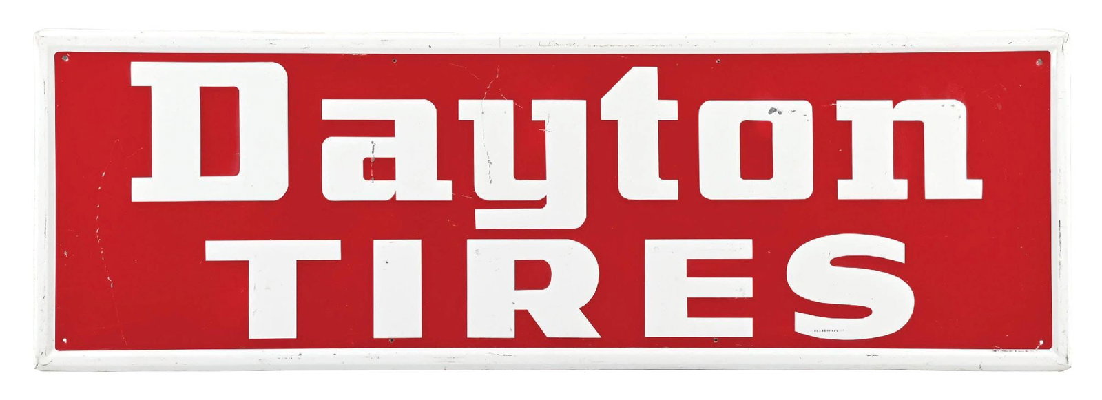 DAYTON TIRES EMBOSSED TIN SIGN: SST. Marked Grace Sign Co. CONDITION: Bright color & gloss throughout, showing minor areas of surface scratching. Light wear at the mounting holes with minor wear along the set framed outer edges. Thi