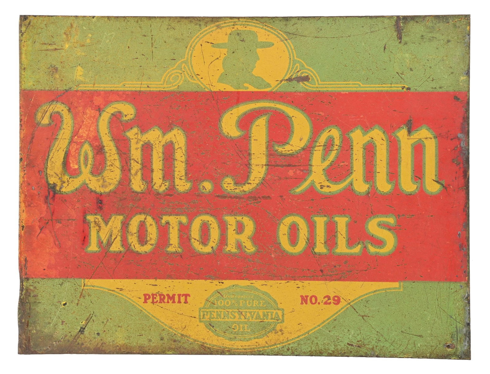 RARE WILLIAM PENN MOTOR OILS TIN FLANGE SIGN: DST. C. 1930s. CONDITION: Original throughout showing moderate to heavy wear on each side showing scratching and paint loss. Moderate to heavy wear along the outer edges as well as on the flange. A ra