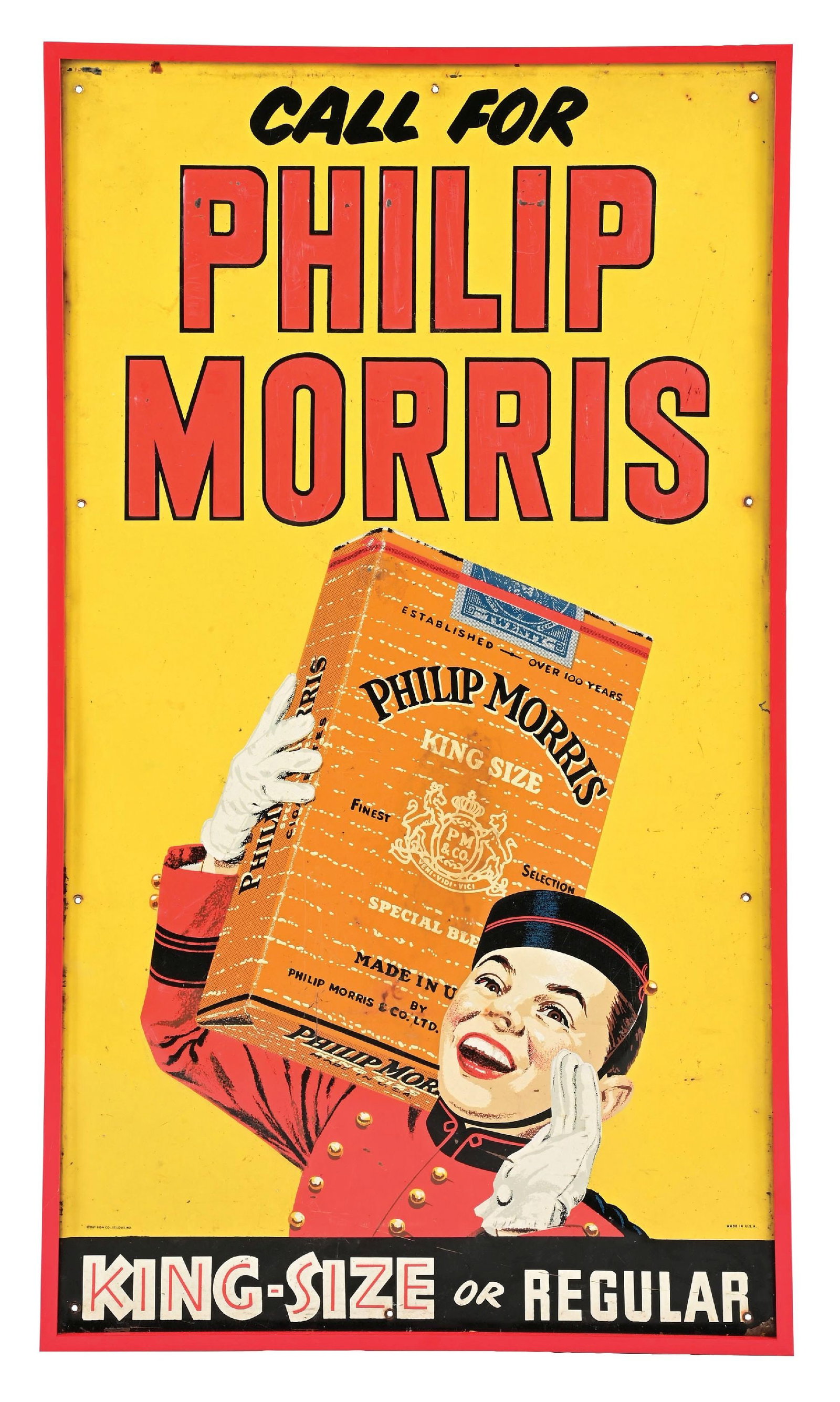 CALL FOR PHILIP MORRIS EMBOSSED TIN SIGN W/ ADDED DISPLAY FRAME. (1 of 4)