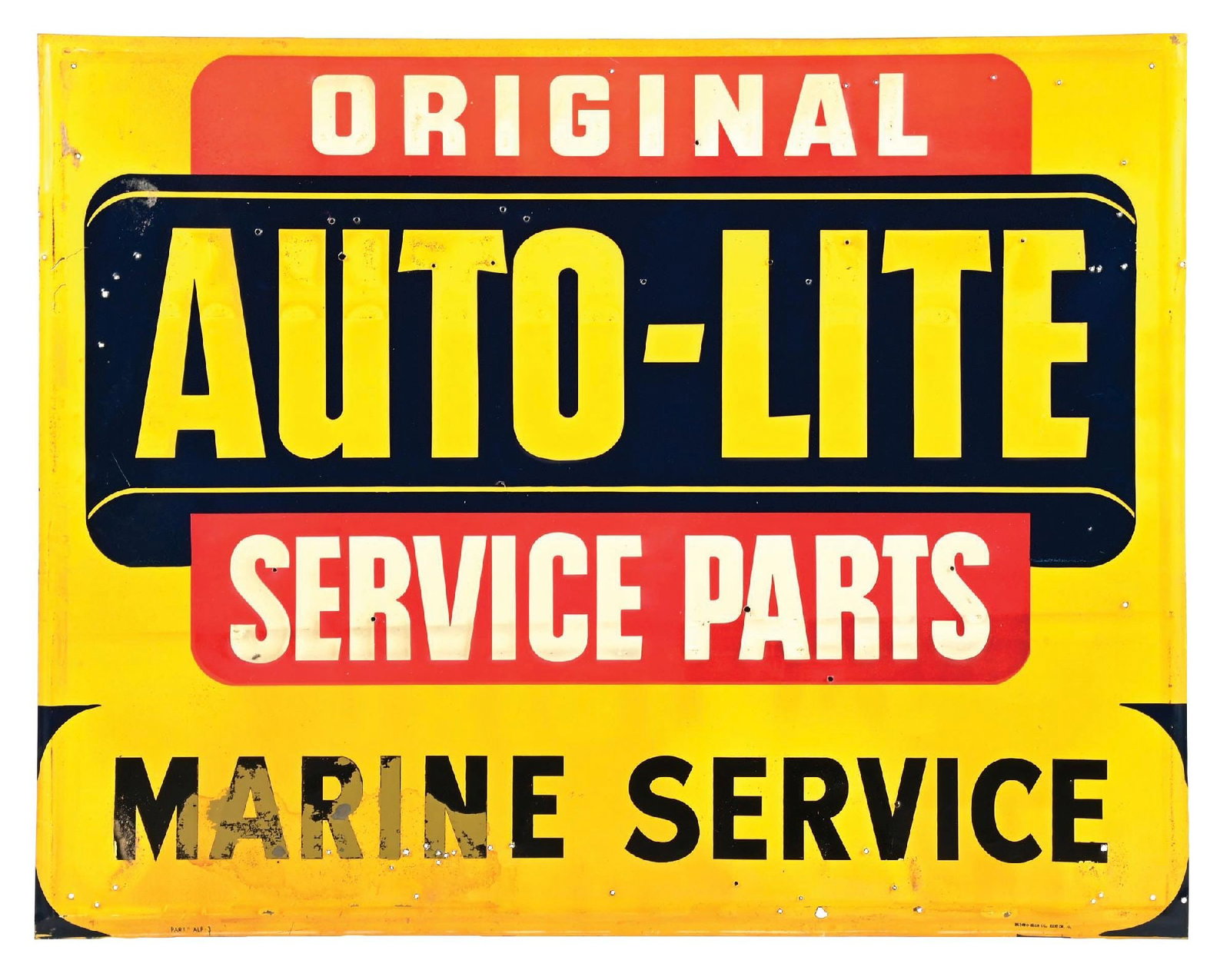 AUTO-LITE SERVICE PARTS MARINE SERVICE EMBOSSED TIN SIGN: SST. Maker Marked Scioto Sign Company. CONDITION: Sign shows very good color & gloss with some areas of surface scratching as well as added nail holes in the inner field and along the lower edge. Ligh