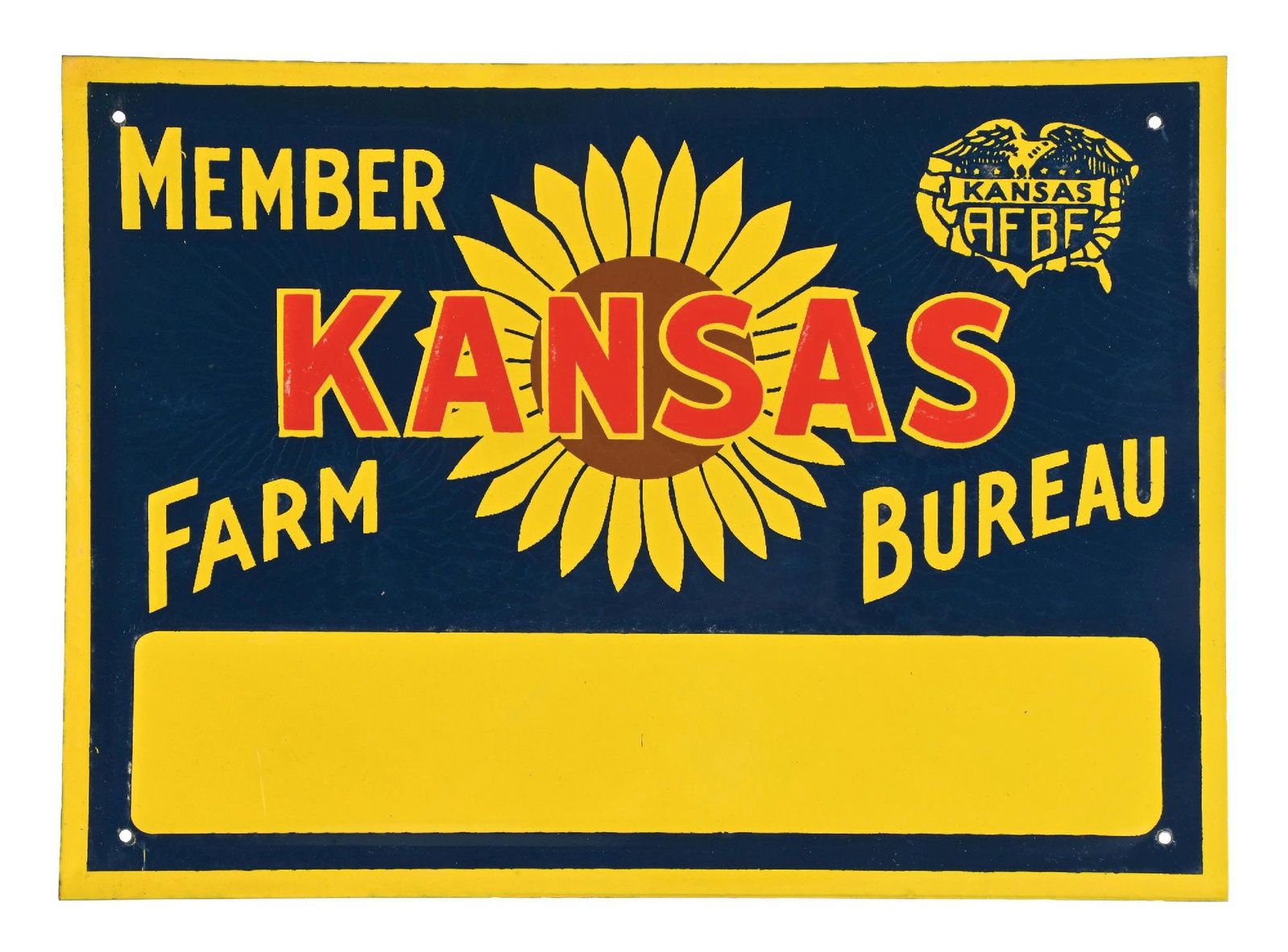 MEMBER OF THE KANSAS FARM BUREAU N.O.S. EMBOSSED TIN SIGN: SST. C. 1950s. CONDITION: Excellent color & gloss, found N.O.S. Showing some minor areas of light paper marks to the gloss, minimal mounting hole and edge wear. Overall exceptionally clean and well di