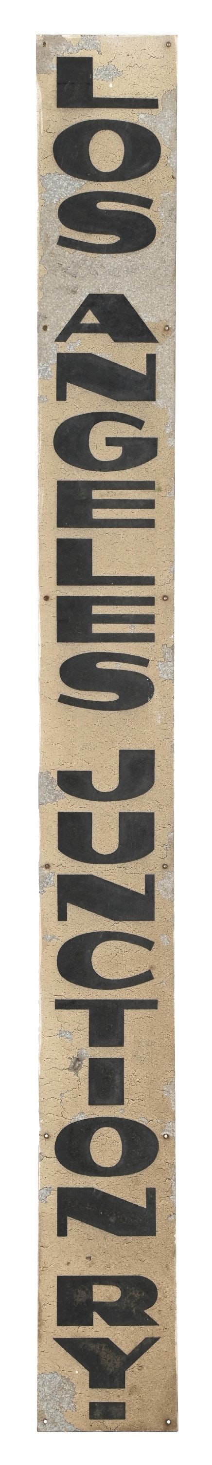 LOS ANGELES JUNCTION RAILWAY VERTICAL METAL SIGN: SST. CONDITION: Fair color throughout with some flaking to the white paint. Painted lettering in strong condition. General wear at the mounting holes and along the outer edges. This is not a standard 