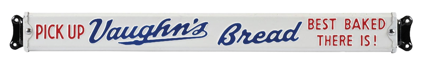 PICK UP VAUGHN'S BREAD EMBOSSED TIN DOOR PUSH SIGN: DST. C. 1950s. CONDITION: Excellent color & gloss throughout, showing only minimal surface wear. Attachments in excellent condition, showing only light use wear. An excellent example. Condition: (9.0)