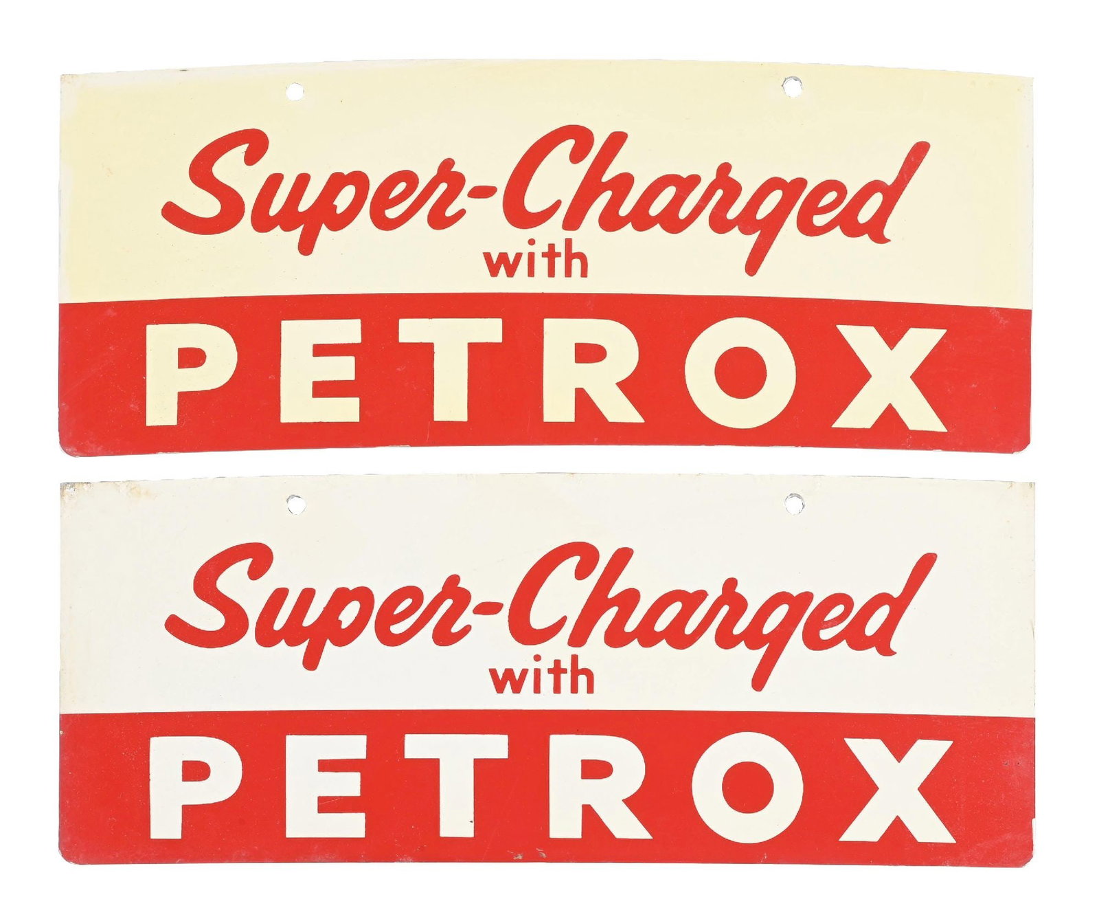 COLLECTION OF 2: TEXACO SUPER-CHARGED WITH PETROX TIN PUMP PLATE SIGNS.: SST. CONDITION: Each in n.o.s. condition showing excellent color & gloss, with light storage wear as well as some light age staining. Includes original shipping paper. Condition: (9.0). Dimensions: Ea