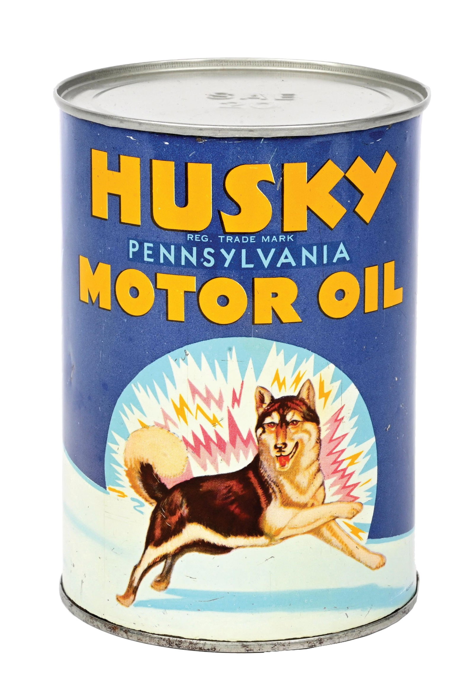 HUSKY PENNSYLVANIA MOTOR OIL ONE QUART CAN: One Quart Can. C. 1940s. Western Oil & Fuel Co., Minneapolis, MN. CONDITION: Showing excellent condition graphics on each side with bright colors throughout each graphic and script. Minor fading to th