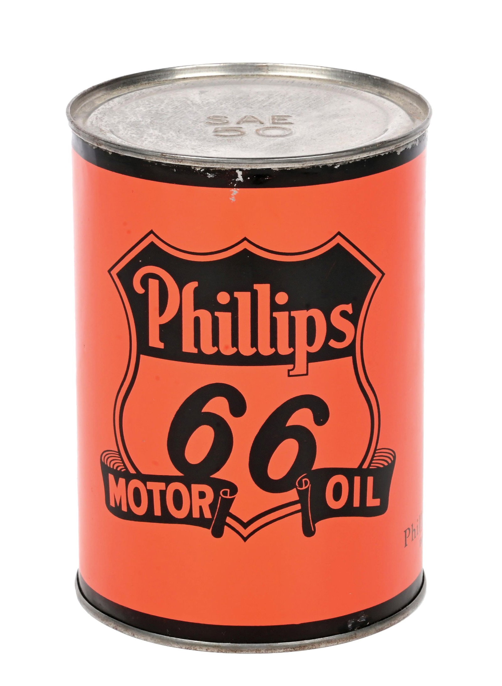 PHILLIPS 66 MOTOR OIL ONE QUART CAN W/ EARLY SHIELD GRAPHIC: One Quart Can. C. 1930s. CONDITION: Outstanding color & gloss throughout, showing clean shield and scroll graphic. Can showing only the faintest surface scratches on the backside with some minor rim w