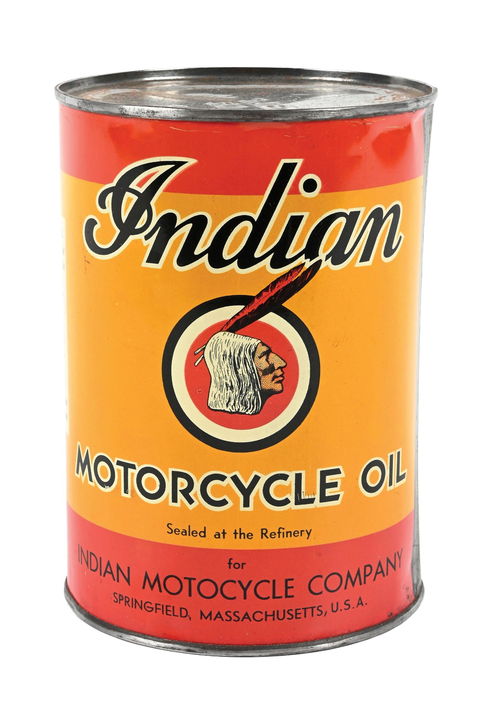 INDIAN MOTORCYCLE MOTOR OIL ONE QUART CAN W/ BULLSEYE GRAPHIC.: One Quart Can. C. 1930s. CONDITION: Very good color & gloss throughout showing clean script and graphic with light surface wear in the field. Minor areas of light denting at the rims. Can shows a sold