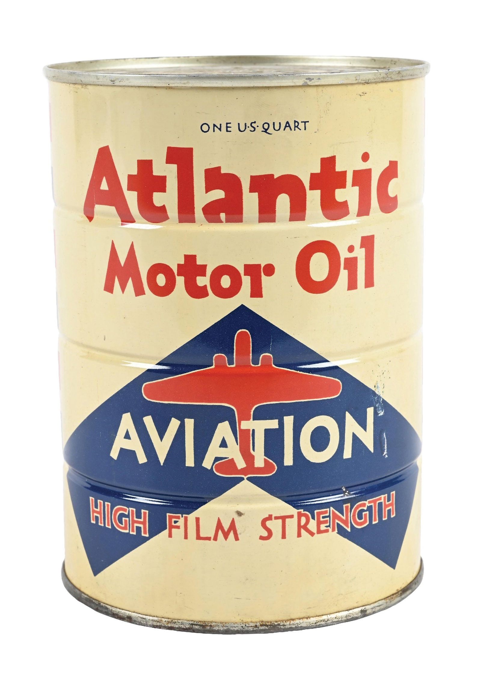 ATLANTIC AVIATION MOTOR OIL ONE QUART CAN: One Quart Can. C. 1940s. CONDITION: Excellent color & gloss throughout showing clean airplane graphic. Minor areas of light staining in the white. Can has been emptied from the bottom and retains both