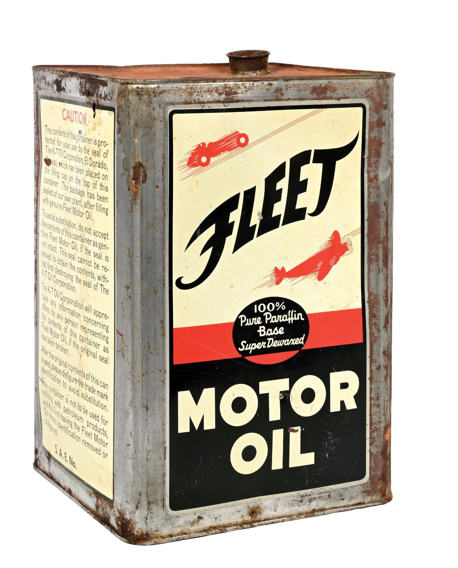 FLEET MOTOR OIL FIVE GALLON SQUARE CAN W/ CAR & AIRPLANE GRAPHICS. (1 of 4)