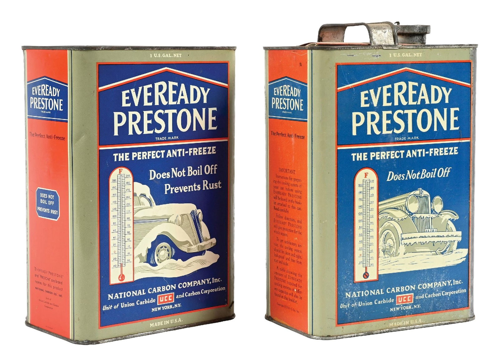 COLLECTION OF 2: PRESTONE ANTI-FREEZE ONE GALLON CANS W/ CAR GRAPHIC (1 of 4)