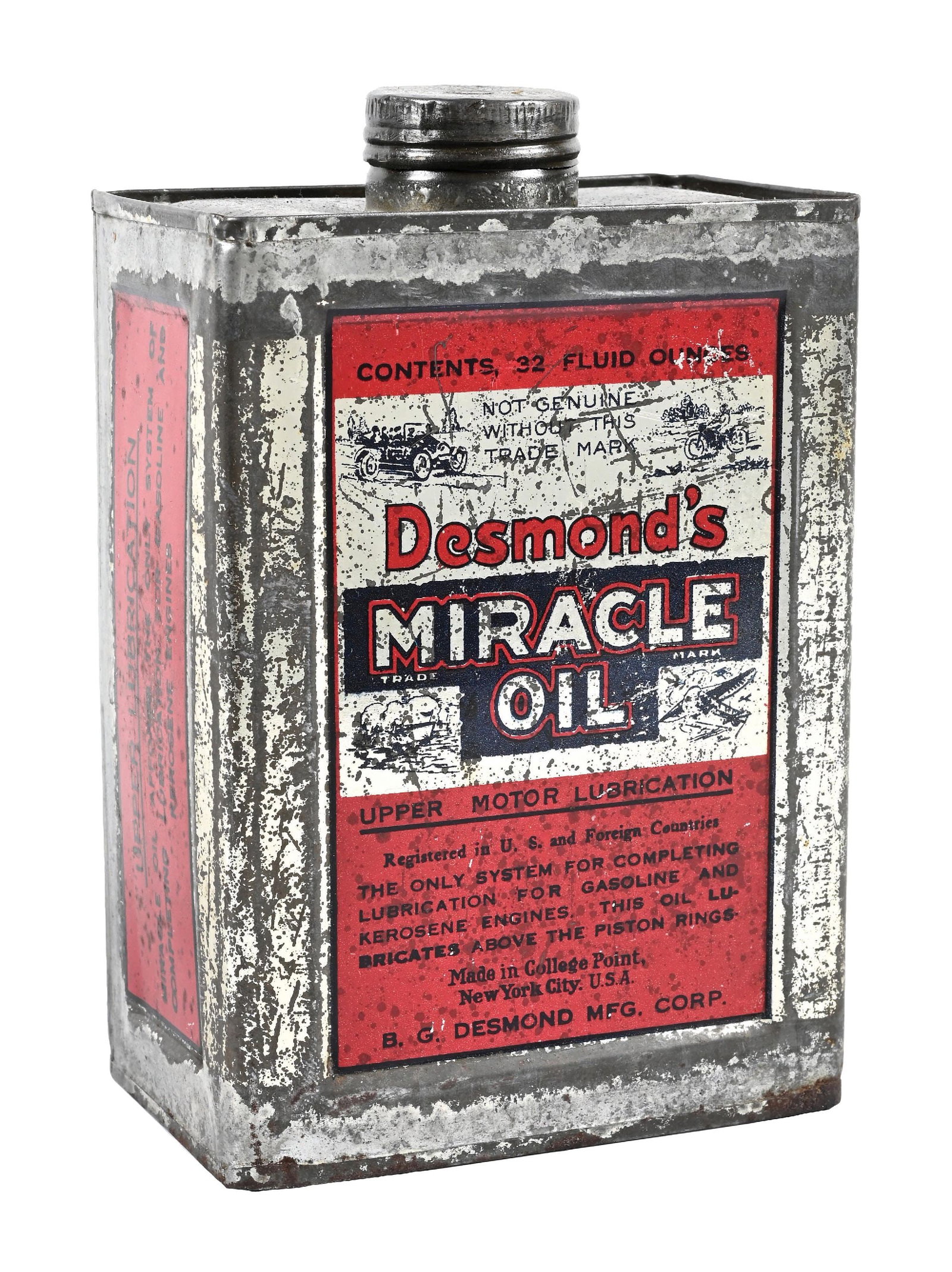 DESMOND'S MIRACLE OIL CAN W/ MOTORCYCLE, CAR, BOT & AIRPLANE GRAPHIC. (1 of 4)
