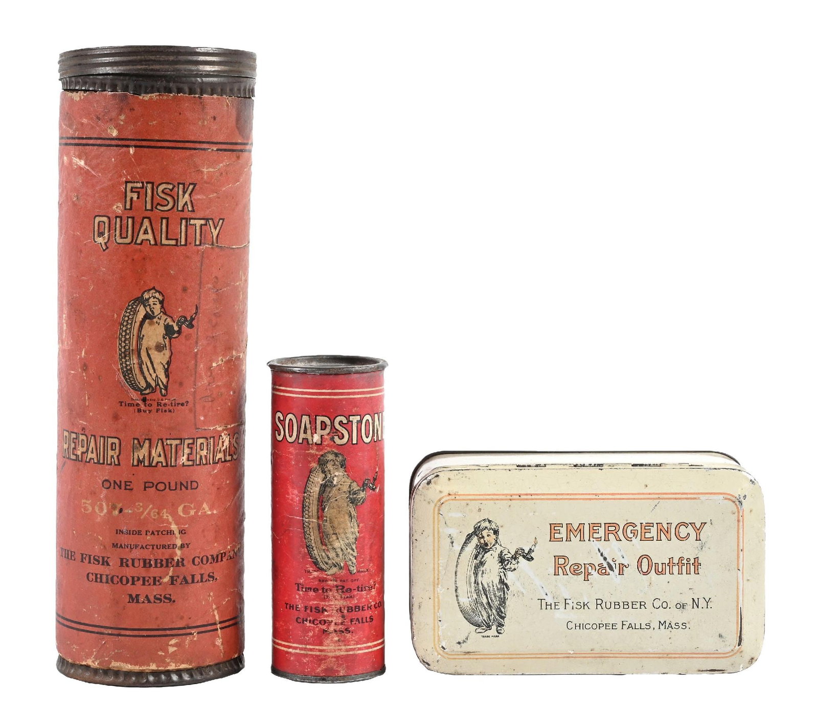 COLLECTION OF 3: FISK RUBBER CO. OF N.Y. TIRE REPAIR CANS: Collection Consists Of: Fisk Emergency Repair Outfit Tin, Soapstone Tin & Reair Materials One Pound Can with paper label. CONDITION: Each in fair condition showing general age wear and surface scratch