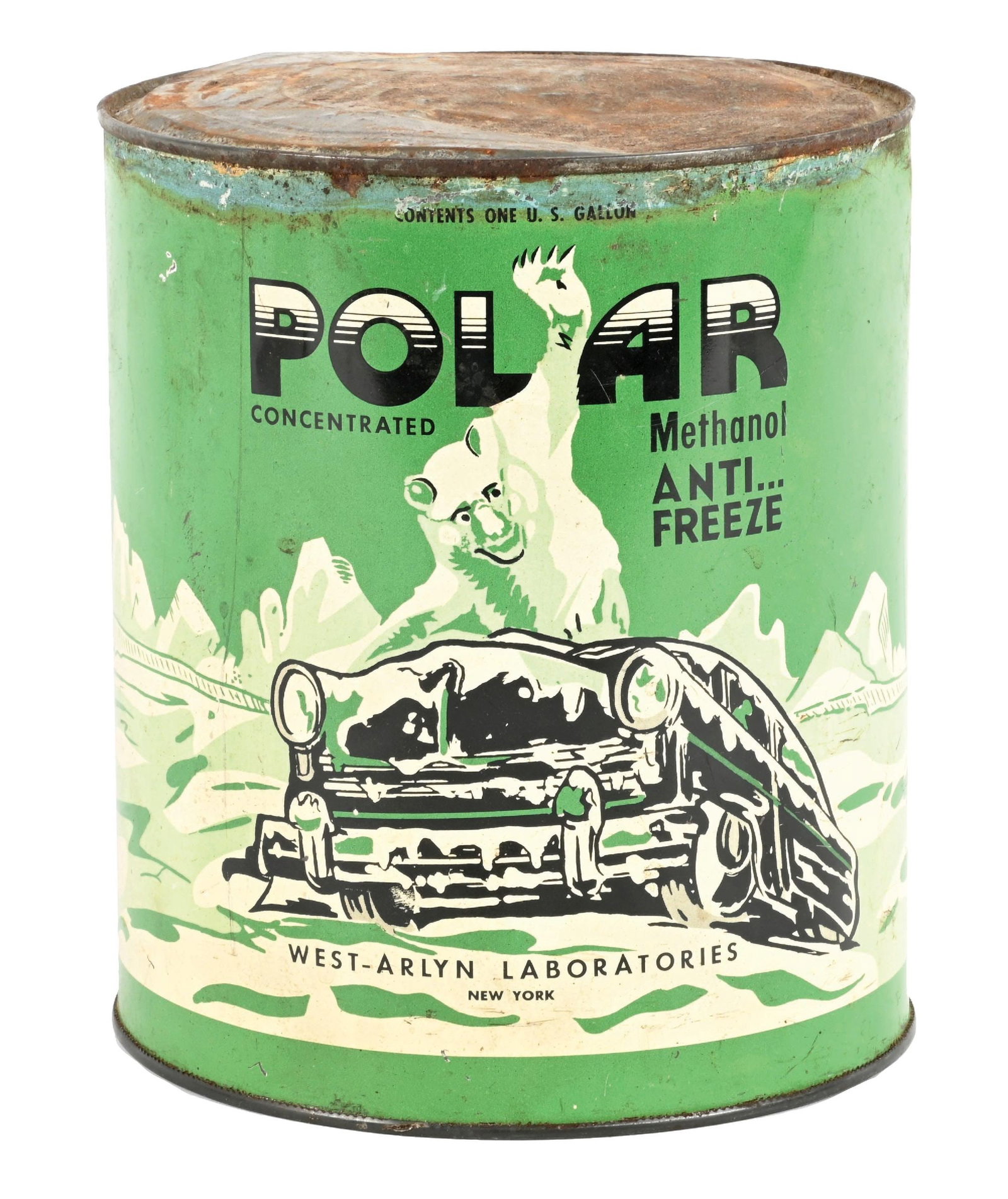 POLAR ANTIFREEZE ONE GALLON CAN W/ CAR & POLAR BEAR GRAPHIC.: One Gallon Can. C. 1950s. CONDITION: Excellent color throughout showing minor areas of light surface scratches. Paint wear along the upper edge. Can is missing bottom lid. Graphics are in excellent co
