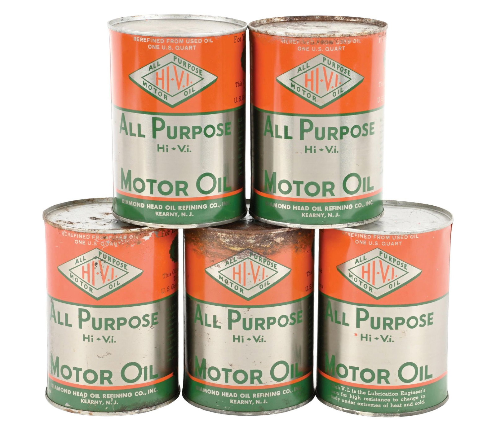 COLLECTION OF 5: HI-VI ALL PURPOSE MOTOR OIL ONE U.S. QUART CANS (1 of 2)