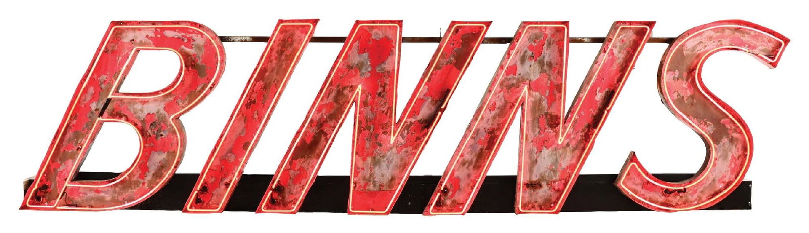 BINNS PAINTED METAL NEON SIGN: Single Sided Painted Metal Lettering for "BINNS" showing original painted surface with new neon as well as new metal display base. CONDITION: Neon is in excellent working condition showing tubing thro