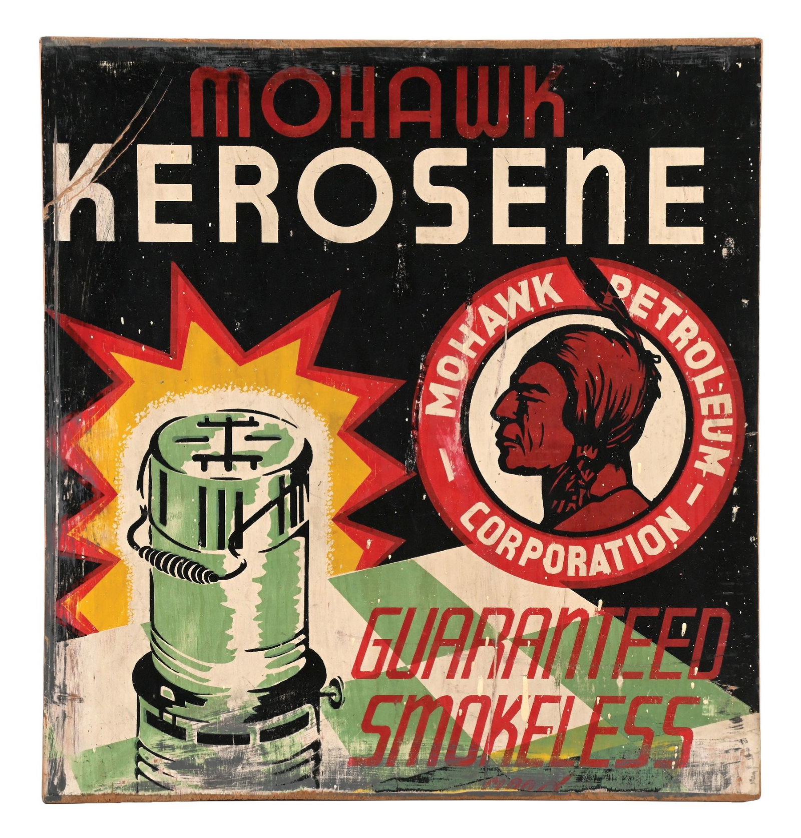 RARE MOHAWK KEROSENE PAINTED WOOD SIGN WITH NATIVE AMERICAN GRAPHIC (1 of 2)
