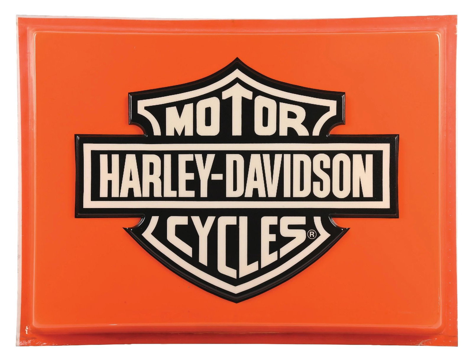 HARLEY-DAVIDSON MOTORCYCLES EMBOSSED PLASTIC DEALERSHIP SIGN: Single Sided Embossed Plastic. CONDITION: Outstanding throughout, most likely n.o.s. with no notable wear to the field. Minor wear along the outer edges, most likely from storage with no heavy damage.