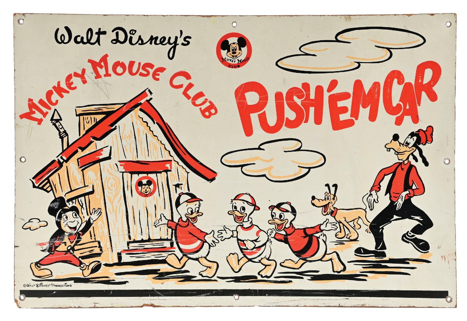 WALT DISNEY'S MICKEY MOUSE CLUB PUSH 'EM CAR PAINTED MASONITE SIGN: Single-Sided Painted Masonite. C. 1950s. CONDITION: Original throughout, showing strong color with moderate surface wear and surface crackling. Light mounting hole wear with some softening wear along 