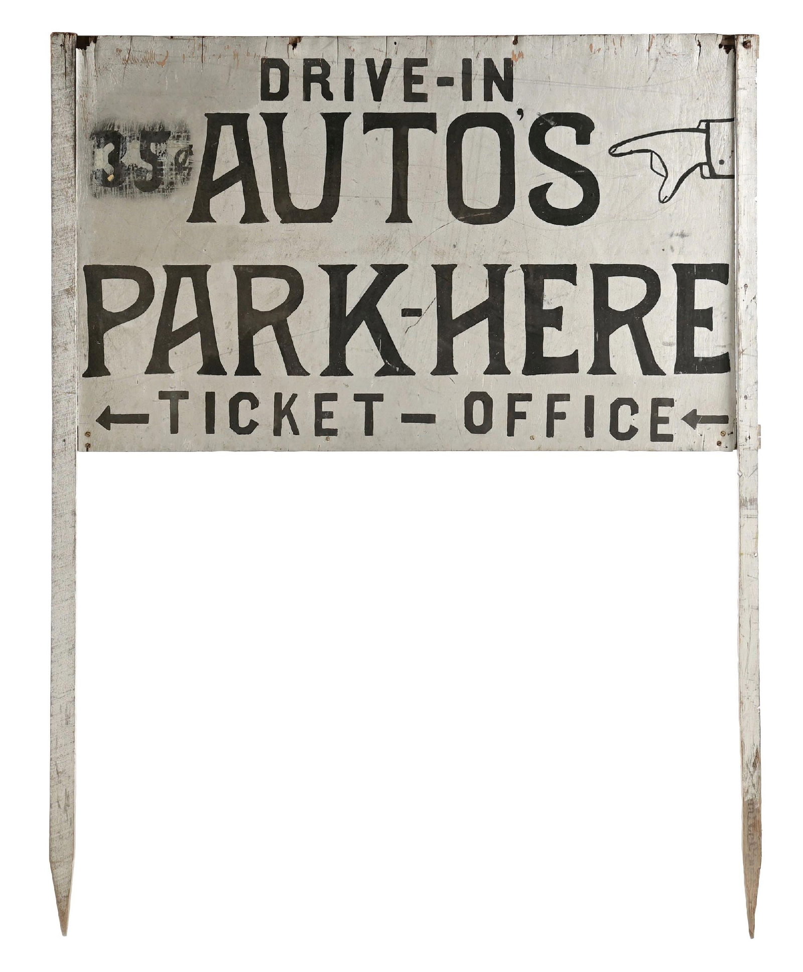 DRIVE-IN AUTOS PARK-HERE HAND PAINTED WOOD SIGN W/ ORIGINAL STAKE MOUNTS.: Double Sided Hand Painted Wood. C. 1950s. CONDITION: Overall fair showing good color throughout each side with areas of surface scratching and wear giving the piece and excellent look. Areas of damage