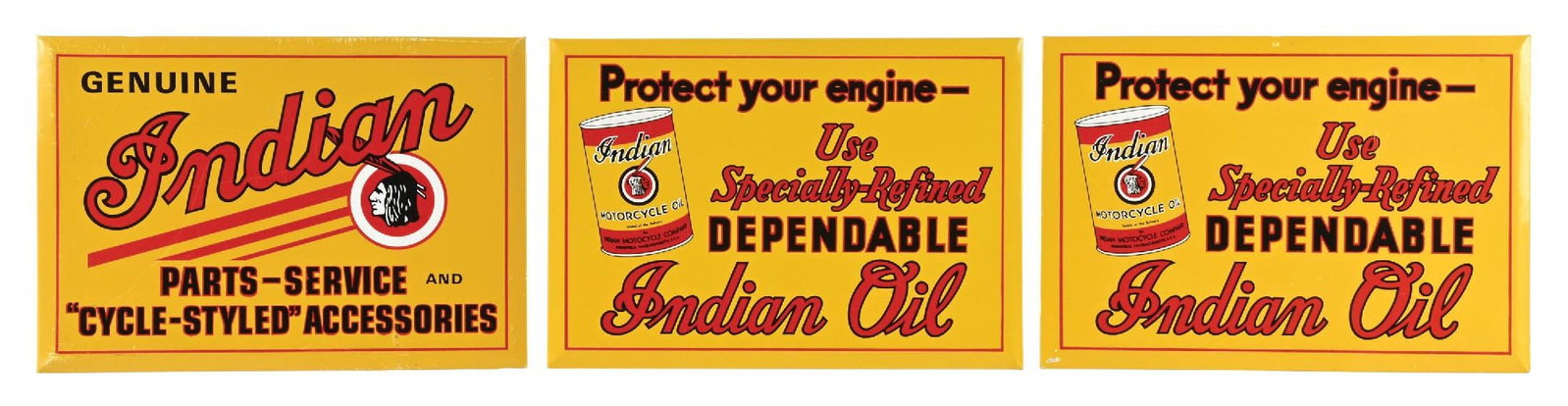 COLLECTION OF 3: INDIAN MOTORCYCLE OIL REPRODUCTION TIN OVER CARDBOARD SIGNS (1 of 2)