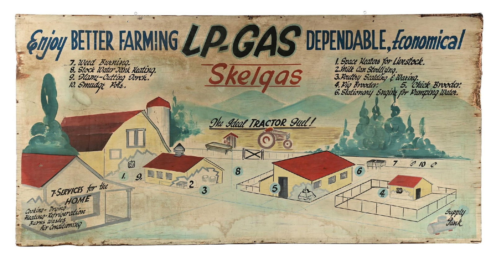 LP-GAS SKELGAS "ENJOY BETTER FARMING DEPENDABLE, ECONOMICAL" HAND PAINTED WOOD SIGN. (1 of 2)