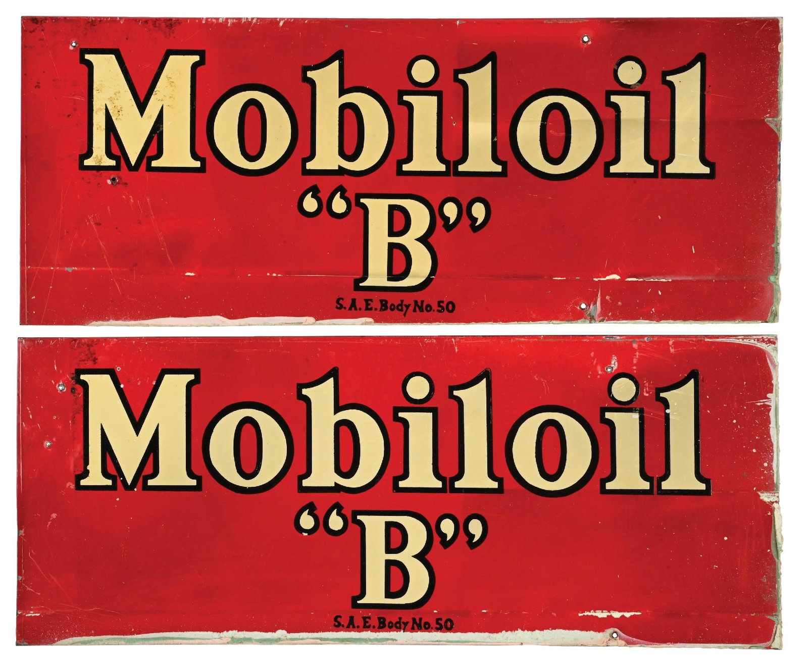 SET OF TWO: MOBILOIL "B" TIN RACK SIGNS: Pair of two Single Sided Tin Signs from Mobiloil showing "B" grade on each. CONDITION: Each in good condition showing general age wear and surface scratching in the fields with some added nail holes i