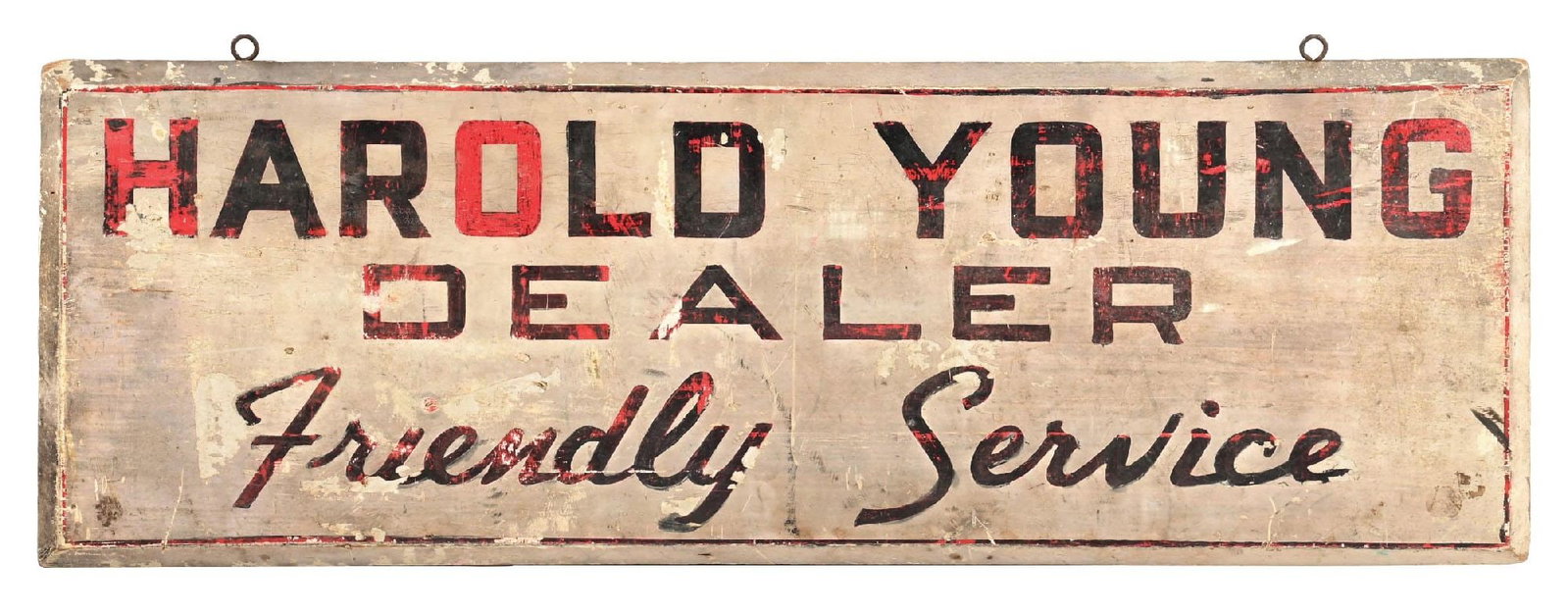 HAROLD YOUNG DEALER FRIENDLY SERVICE PAINTED WOOD SIGN: Single Sided Hand Painted Wood. C. 1930s. CONDITION: Overall very good showing moderate wear throughout the fields giving the piece an excellent patina to the surface. General wear along the outer edg