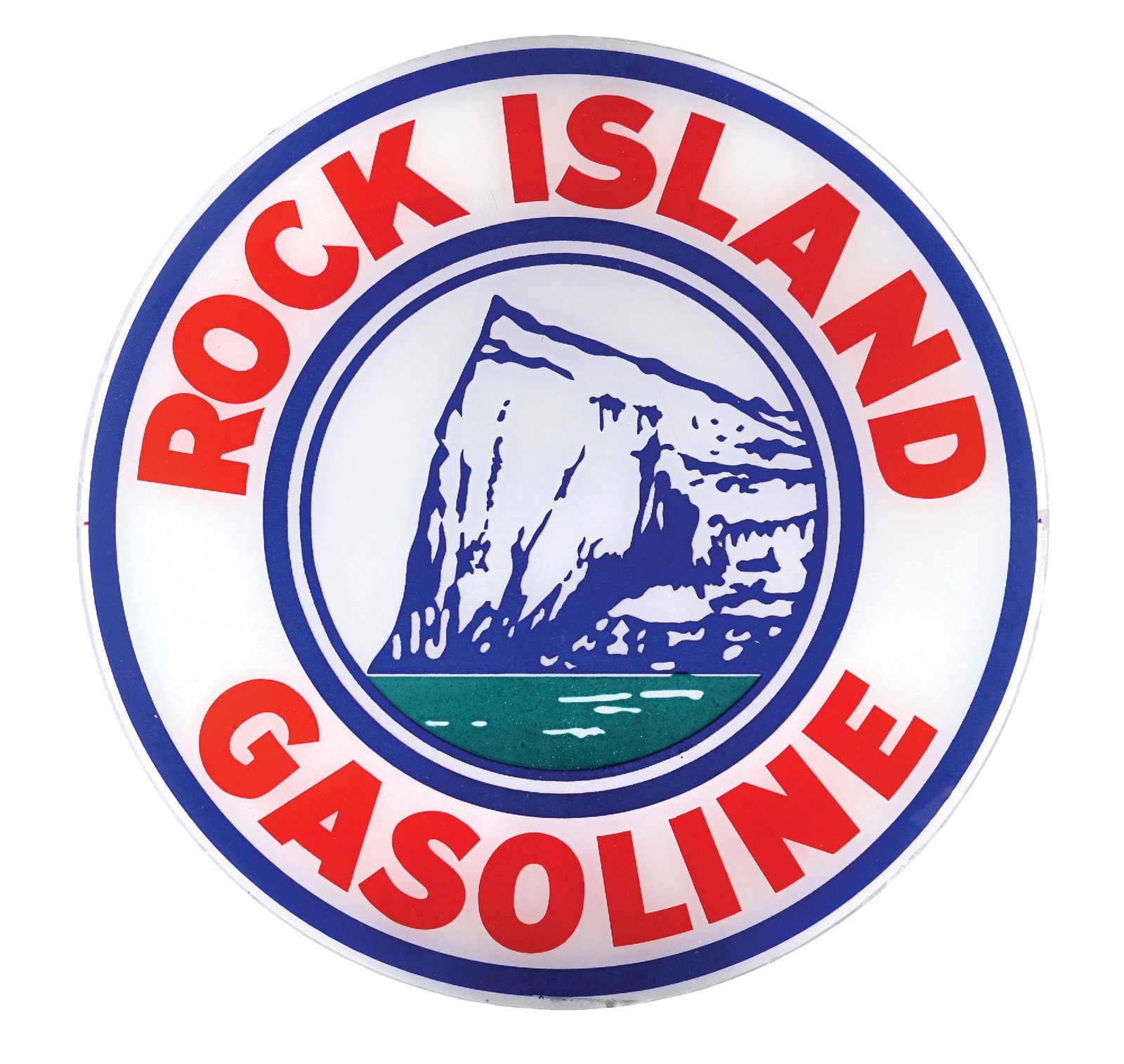 RARE ROCK ISLAND GASOLINE SINGLE 13.5" GLOBE LENS: Single 13.5" Globe Lens. C. 1940s. Rock Island Refining, Indianapolis, Illinois. CONDITION: Brilliant color & gloss throughout showing excellent graphic. Field is in excellent condition showing no not