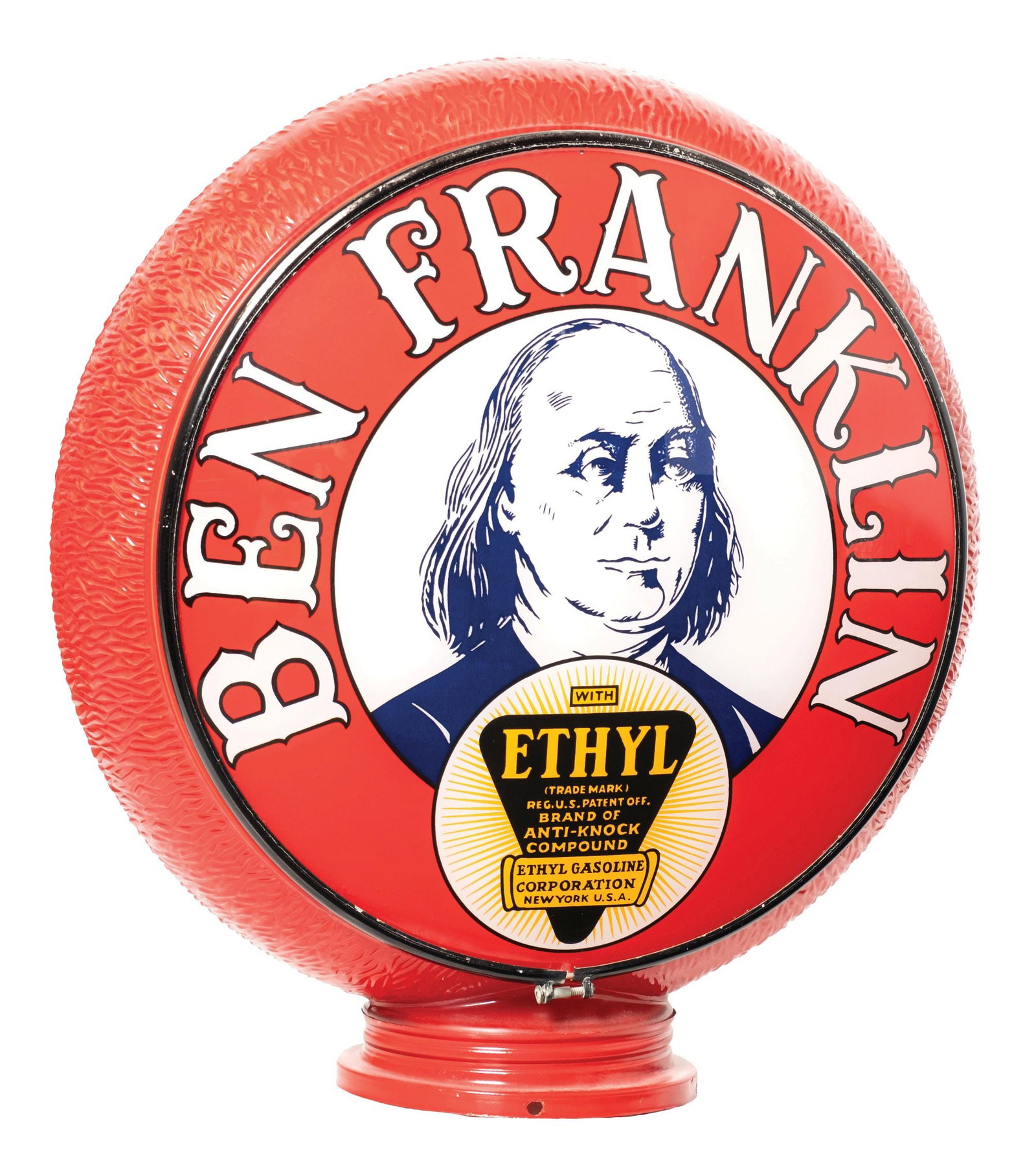BEN FRANKLIN ETHYL GASOLINE COMPLETE 13.25" GLOBE ON RED RIPPLE BODY.: Complete 13.25" Globe On Screw Base Ripple Globe Body. CONDITION: Each lens showing excellent color & gloss with minimal areas of light field wear. Mounted on an original red ripple showing repainted 