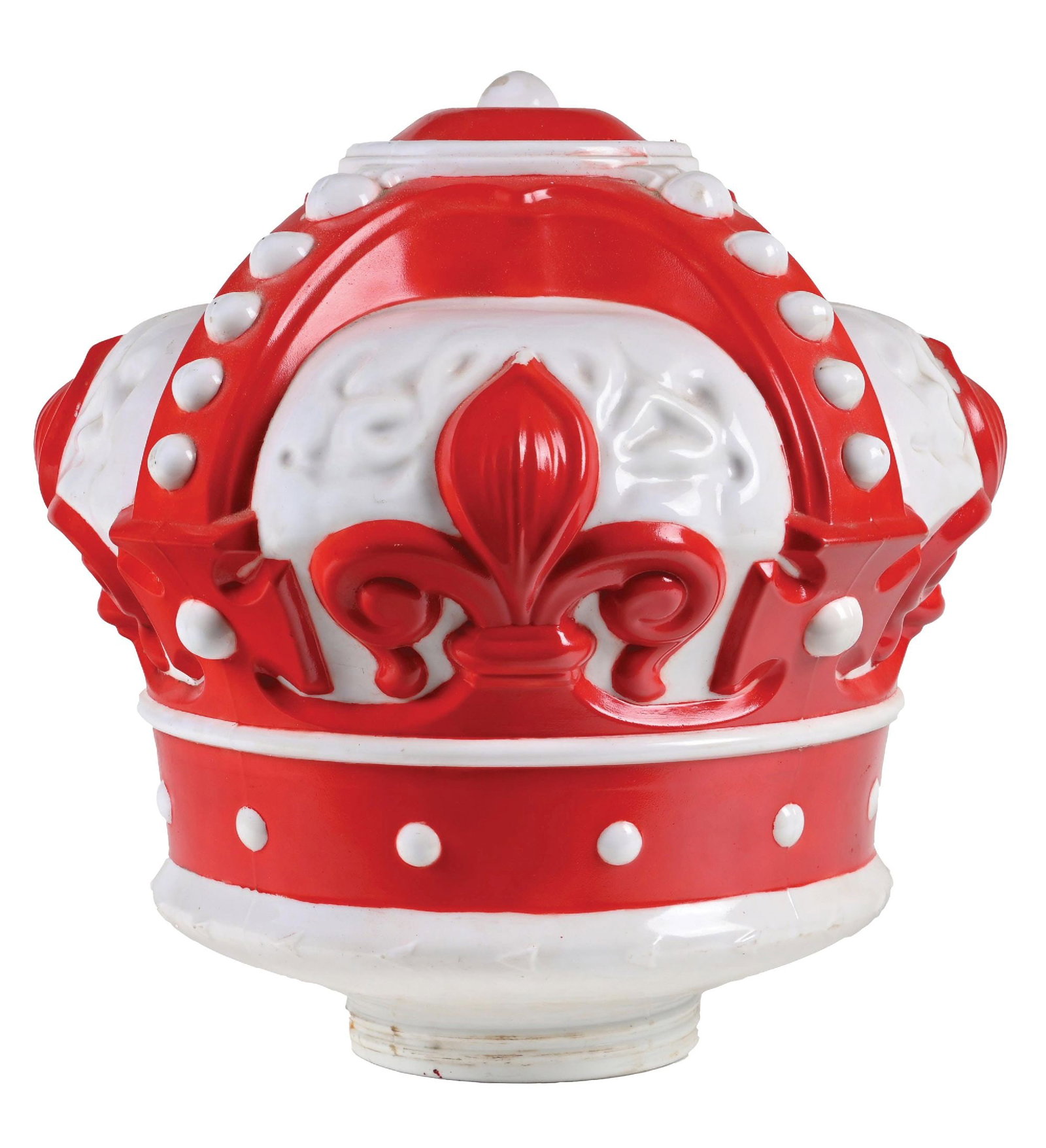 RED CROWN GASOLINE ONE PIECE CAST GLOBE: One Piece Cast Globe. C. 1940s. CONDITION: Showing a large majority of its red paint throughout in good condition with some minor areas of paint missing. Body showing one chip in the glass at the cent