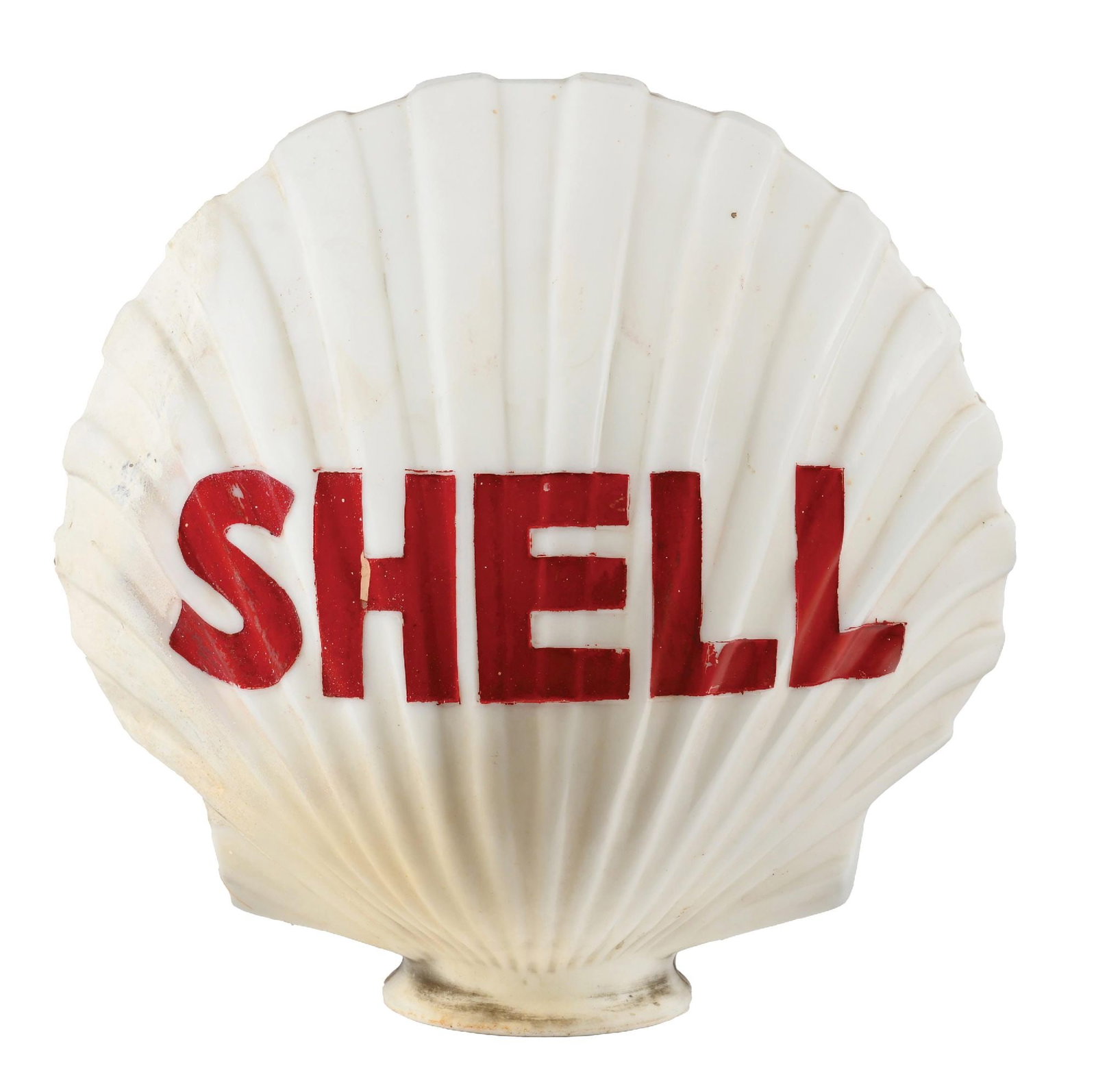 SHELL GASOLINE ONE PIECE CAST CLAM SHELL GLOBE.: One Piece Cast Globe. C. 1930s. CONDITION: Overall fair color with areas of repaired breaks at the left side and at the top. Wear and patina throughout the letting, giving the piece an excellent look.