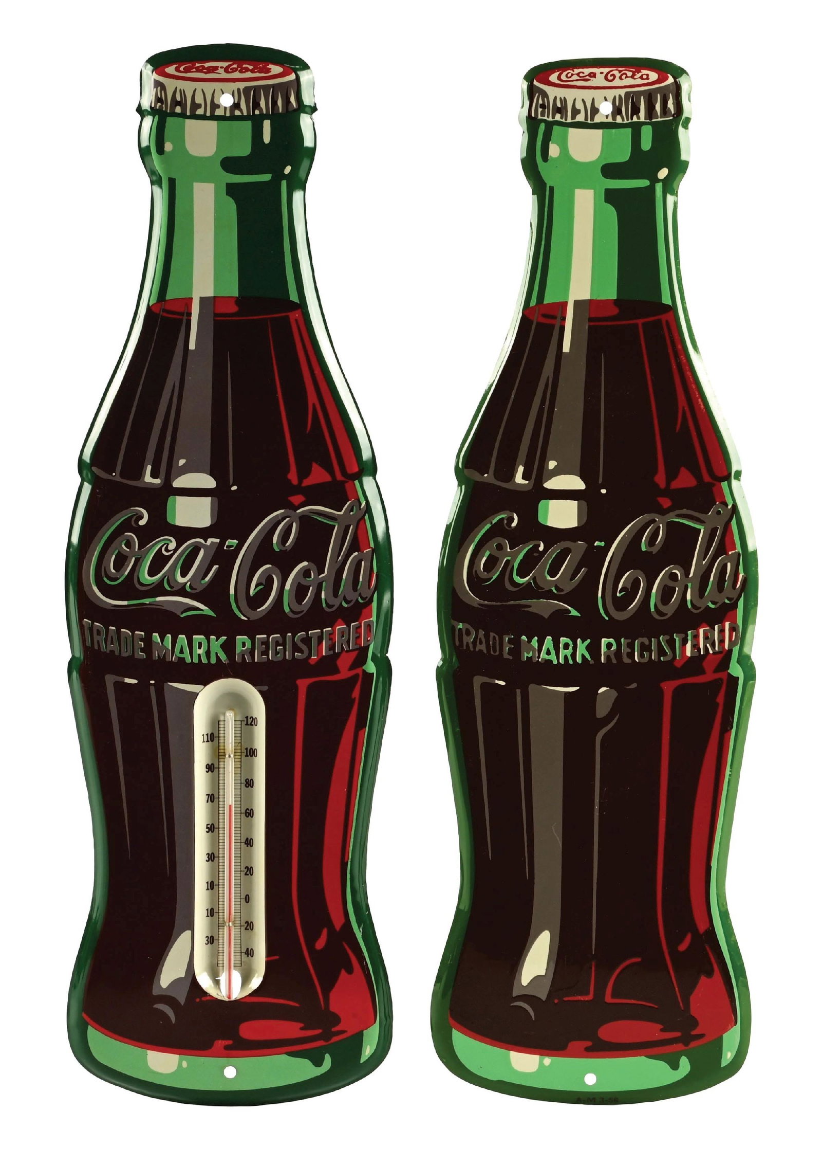 COLLECTION OF 2: COCA-COLA BOTTLE SIGN AND THERMOMETER: A nice collection of two single-sided tin signs from Coca-Cola, including a die-cut bottle sign, and a die-cut bottle thermometer. CONDITION: (A) The bottle sign remains clean with only the slightest 