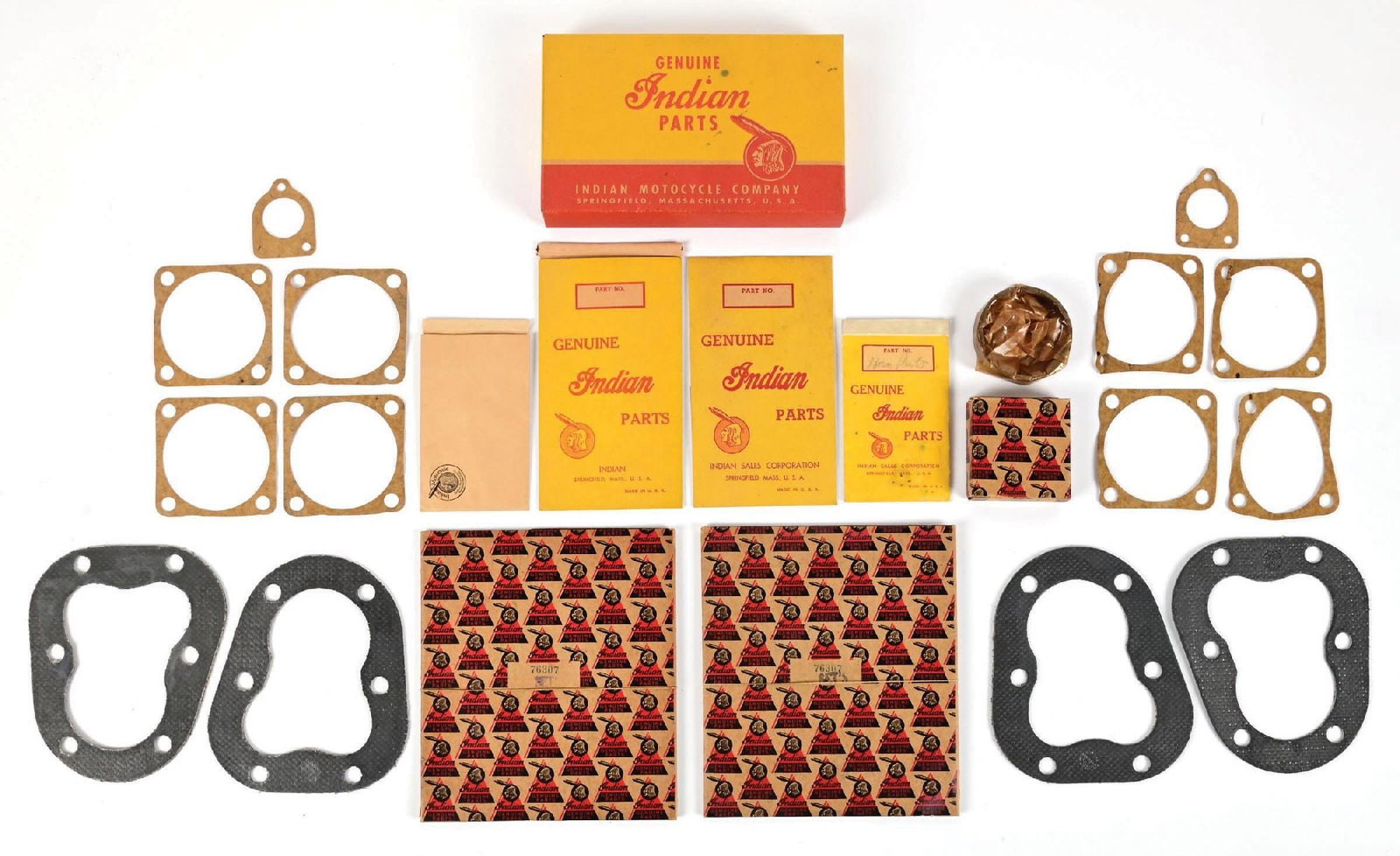 COLLECTION OF 8: ORIGINAL INDIAN MOTORCYCLE PARTS BOXES & ENVELOPES: Collection of 8: CONDITION: Each in excellent condition, showing only minor areas of light general age wear with no heavy damage. Excellent display pieces. Condition: (Various). Dimensions: Largest: 8