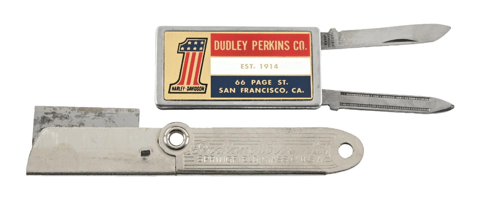 COLLECTION OF 2: INDIAN AND HARLEY-DAVIDSON MOTORCYCLES POCKET KNIFES.: Collection Consists Of: Indian & Harley Davidson Advertising Pocket Knifes. CONDITION: Each in excellent condition appearing unused. Condition: (Excellent). Dimensions: Largest: 2 - 1/8" x 1 - 1/4".