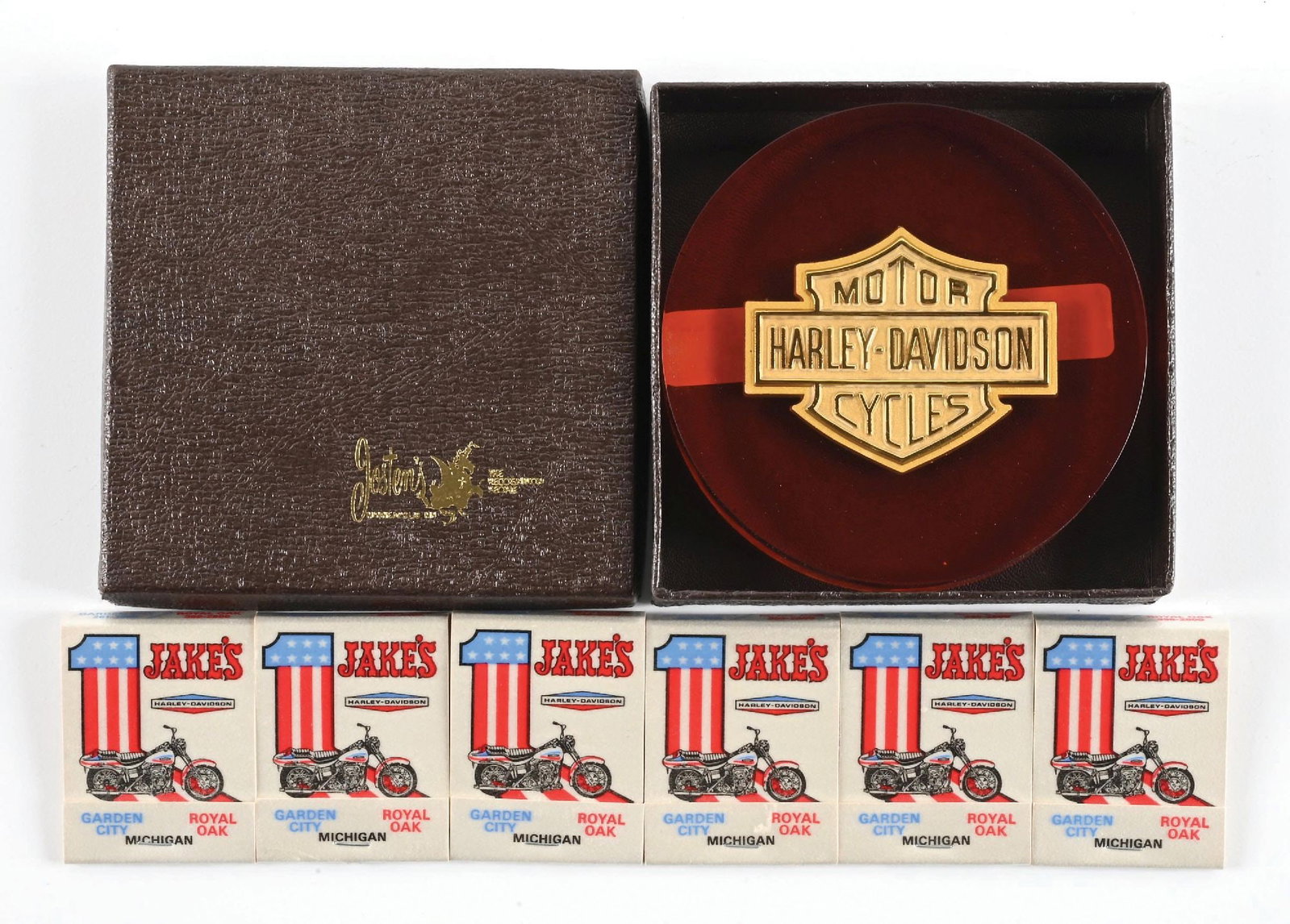 COLLECTION OF 7: HARLEY-DAVIDSON MOTORCYCLES BOXED PAPERWEIGHT AND JAKE'S MATCH BOOKS (1 of 2)
