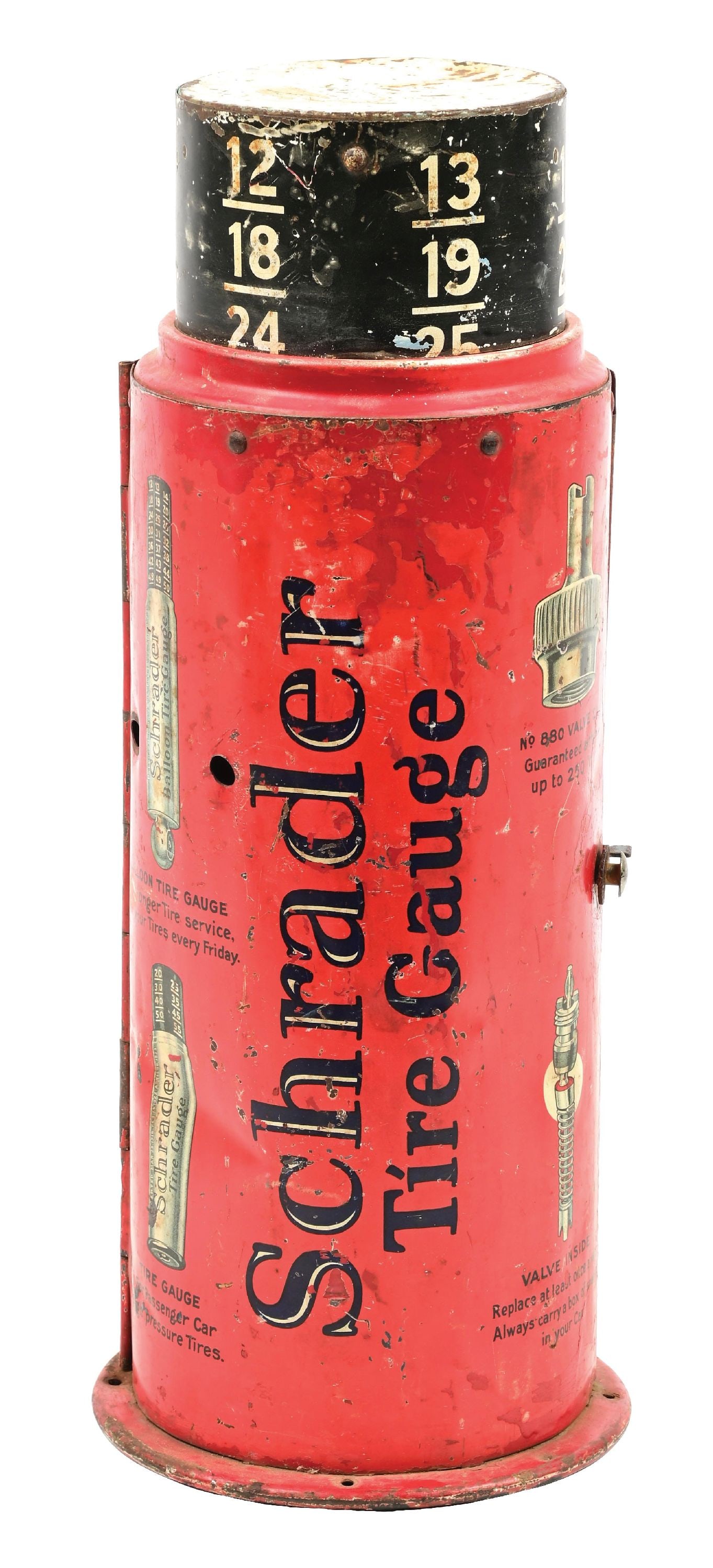 SCHRADER BALLOON TIRE GAUGE STORE DISPLAY CABINET: Tin Store Display Cabinet. C. 1930s. CONDITION: Showing good color & gloss with various areas of wear and surface scratching. Cabinet door opens and closes nicely and overall displays well. Condition: