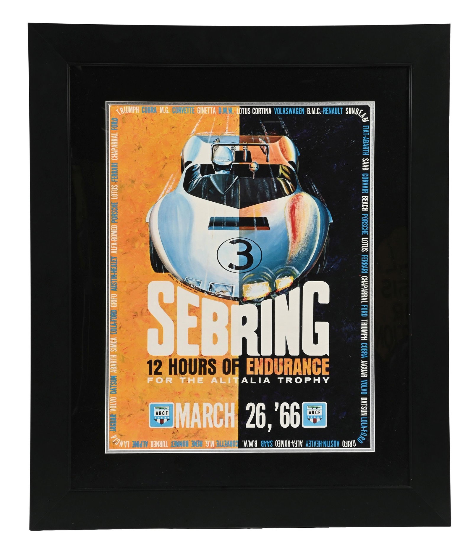 1966 SEBRING 12 HOURS OF ENDURANCE FRAMED POSTER: CONDITION: Excellent throughout showing no notable wear. Professionally matted & framed behind glass. An excellent displaying example. Condition: (Excellent). Dimensions: Frame: 30" x 25".