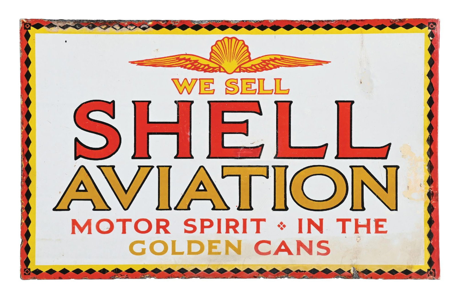 WE SELL SHELL AVIATION MOTOR SPIRIT IN THE GOLDEN CANS PORCELAIN FLANGE SIGN: DSP. C. 1930s. A very rare example of this porcelain flange sign for Shell Aviation showing unique Flying Shell graphic with diamond pattern outer edge. CONDITION: Sign shows good color & gloss throug