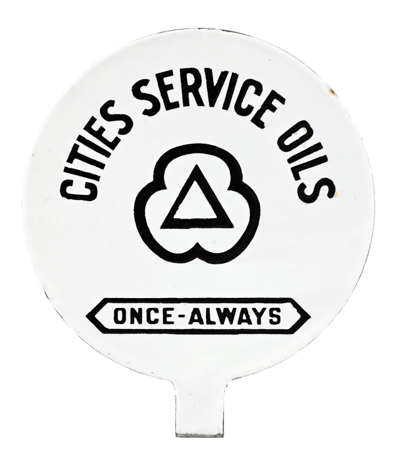 OUTSTANDING CITIES SERVICE OILS ONCE-ALWAYS PORCELAIN LUBSTER PADDLE SIGN: DSP. C. 1930s. Maker Marked Veribrite. CONDITION: Brilliant throughout, found n.o.s. showing no notable field wear on either side. Very minimal storage wear at the outer edge with excellent condition 