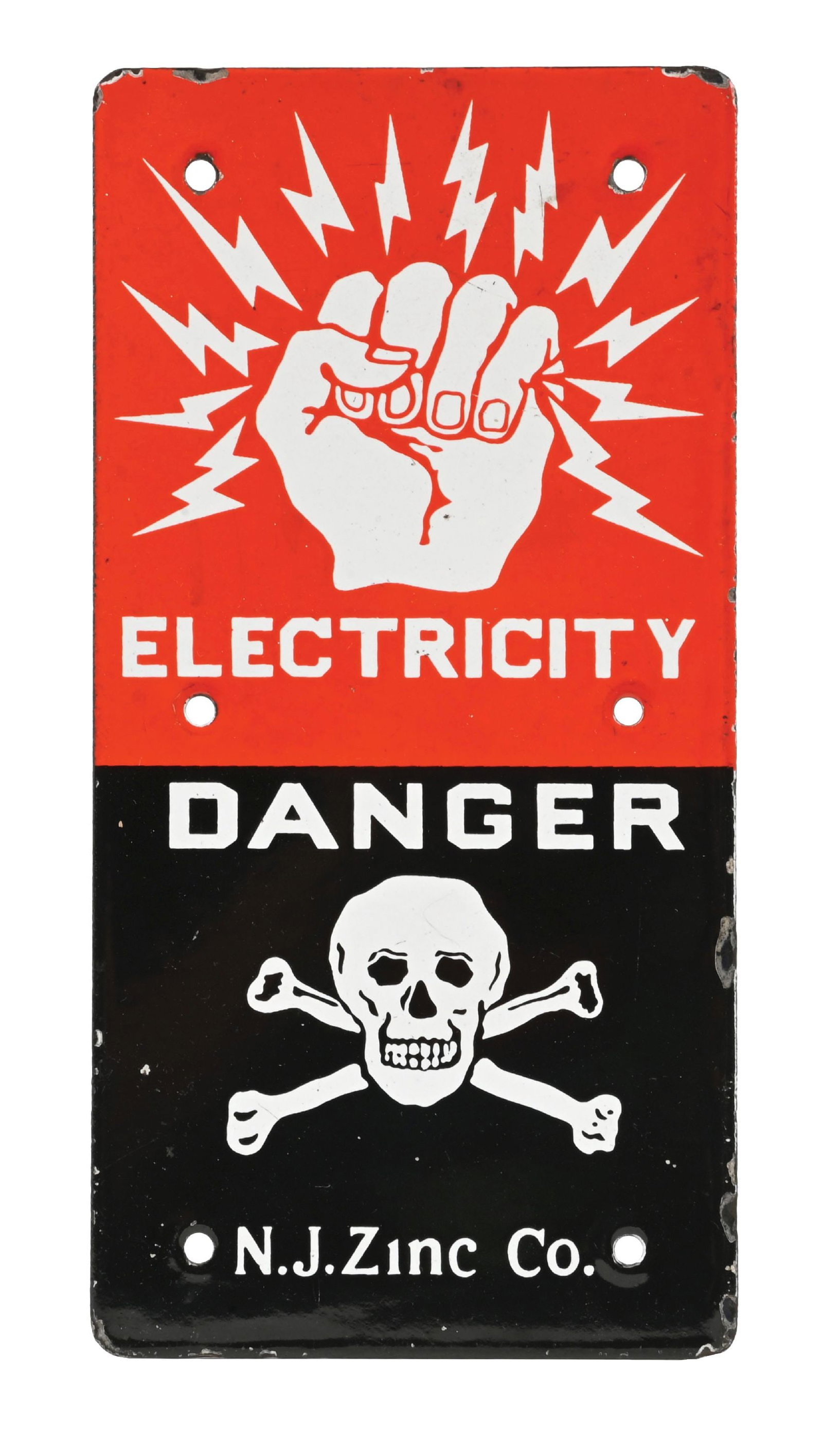 ELECTRICITY DANGER PORCELAIN SIGN W/ SKULL & CROSSBONES GRAPHIC.: SSP. CONDITION: Excellent color & gloss throughout showing no notable field wear with excellent graphics. Minor mounting hole wear with light nicks along the outer edges. A well displaying example. Co