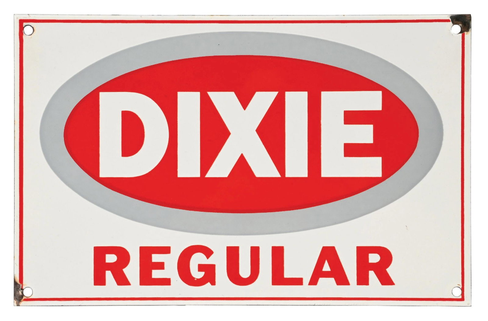 DIXIE REGULAR GASOLINE PORCELAIN PUMP PLATE SIGN: SSP. C. 1950s. CONDITION: Excellent color & gloss throughout showing no notable chipping to the field. Light chips at the top right and lower left mounting holes. Remaining outer edge in excellent con