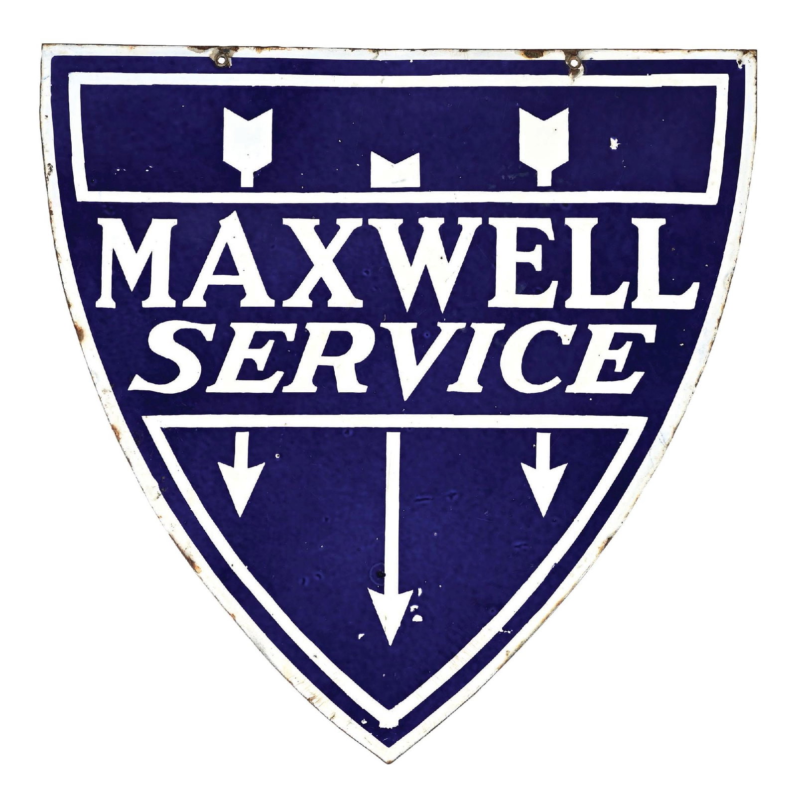 MAXWELL SERVICE PORCELAIN SHIELD SIGN: DSP. Maker Marked General Porcelain Enamel, Chicago. CONDITION: Each side showing excellent color & gloss with minor areas of light nicks in the field. Minor chipping along the outer edges with light 