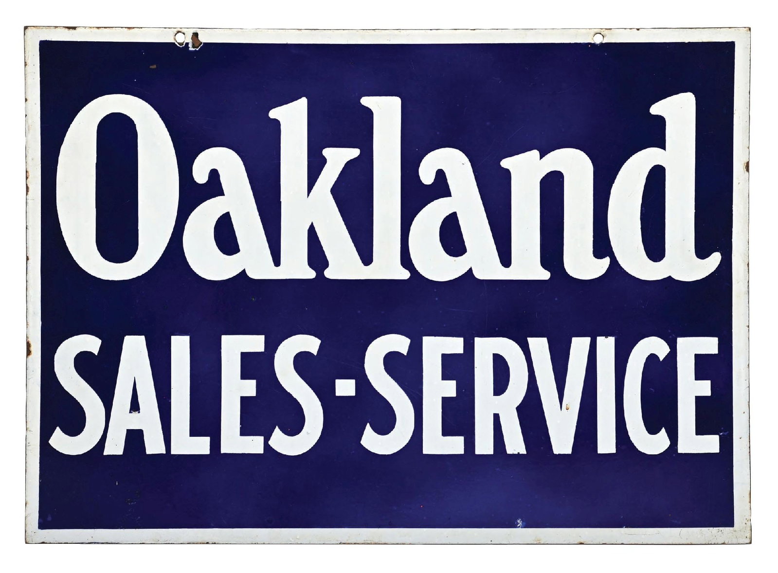 OAKLAND SALES SERVICE PORCELAIN SIGN: DSP. C. 1920s. CONDITION: Showing very good color & gloss throughout each side with some minor areas of fade and surface scratching on side one. Side two showing areas of chipping in the lower field a