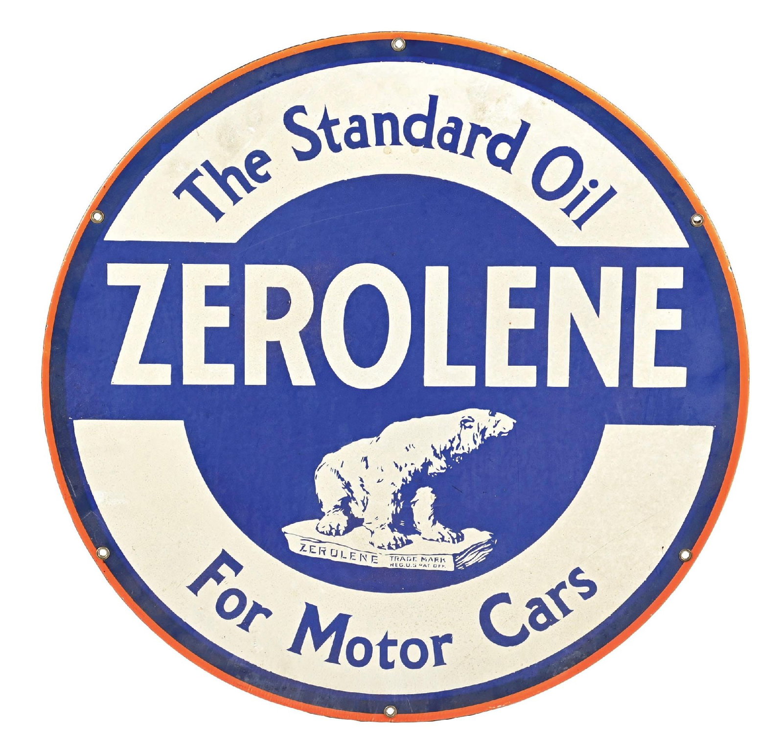 ZEROLINE THE STANDARD OIL FOR MOTOR CARS PORCELAIN SIGN: SSP. C. 1930s. CONDITION: Showing very good color throughout with some minor areas of surface scratching in the field as well as some staining in the gloss. Excellent condition graphic with no chippin