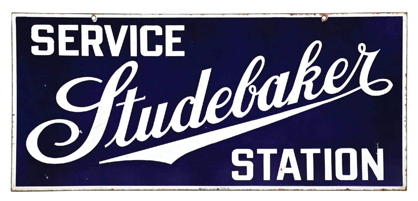 STUDEBAKER SERVICE STATION PORCELAIN SIGN: DSP. Maker Marked Beach, Coshocton, Ohio. C. 1910s. CONDITION: Each side showing very good color & gloss with areas of very minor chipping and surface scratches. Light chipping at the mounting holes a