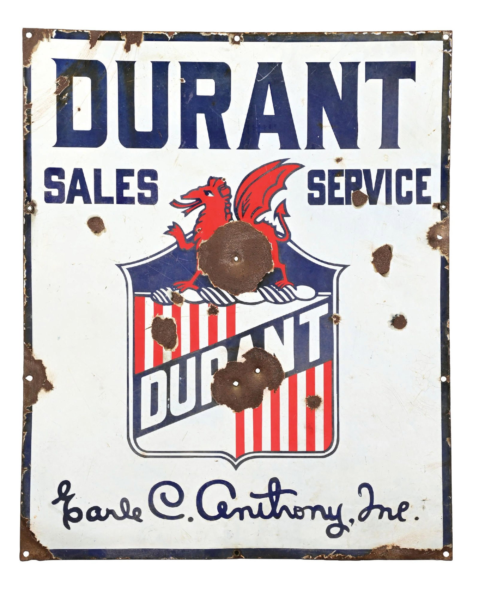 RARE DURANT SALES & SERVICE PORCELAIN SIGN FOR EARL C. ANTHONY.: SSP. C. 1920s. CONDITION: Showing good color & gloss throughout with moderate field chipping as well as some areas of bullet holes. Moderate chipping along the outer edges. A very scarce piece of Los 